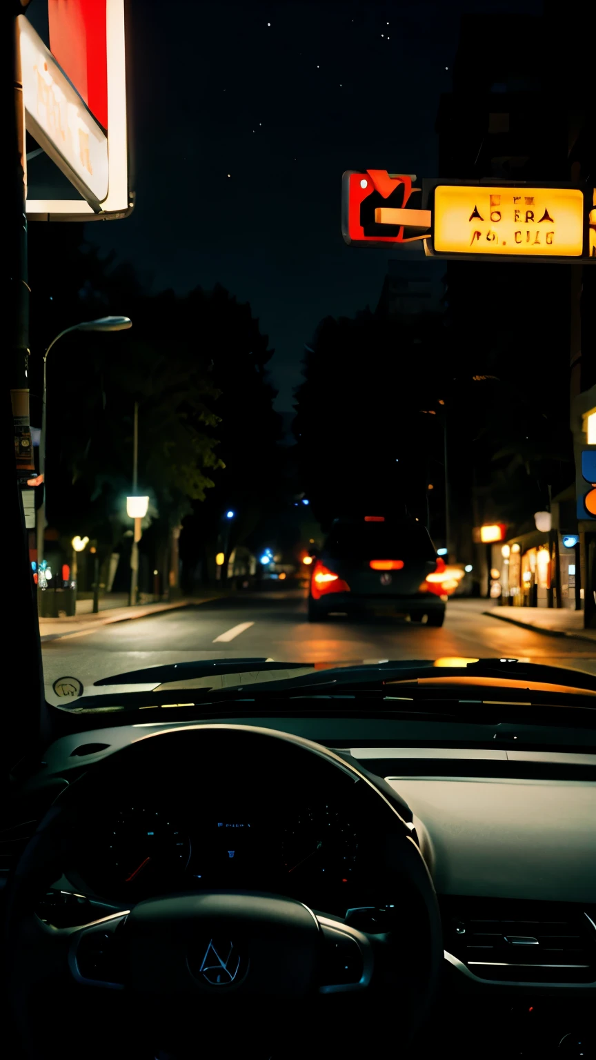 Realistic, Street, car, dashboard view, outside, night