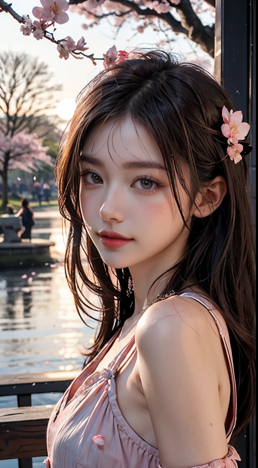 Mustepiece, top quality, illustration, ultra-definition, fine details, high resolution, 8K wallpaper, perfect dynamic composition, beautiful detailed eyes, wearing a dress, natural colored lips, random cute pose, perfect and beautiful face, cute, sexy face, sunset, ecstasy face, feminine face, (cherry blossoms, cherry blossoms, falling cherry blossom petals, cherry blossom blizzard, falling petals), waving in the wind Hair, hair fluttering, pink cherry blossoms, petals dancing, cherry blossom snowstorm, wonderful scenery, sunrise, background sun, wind,