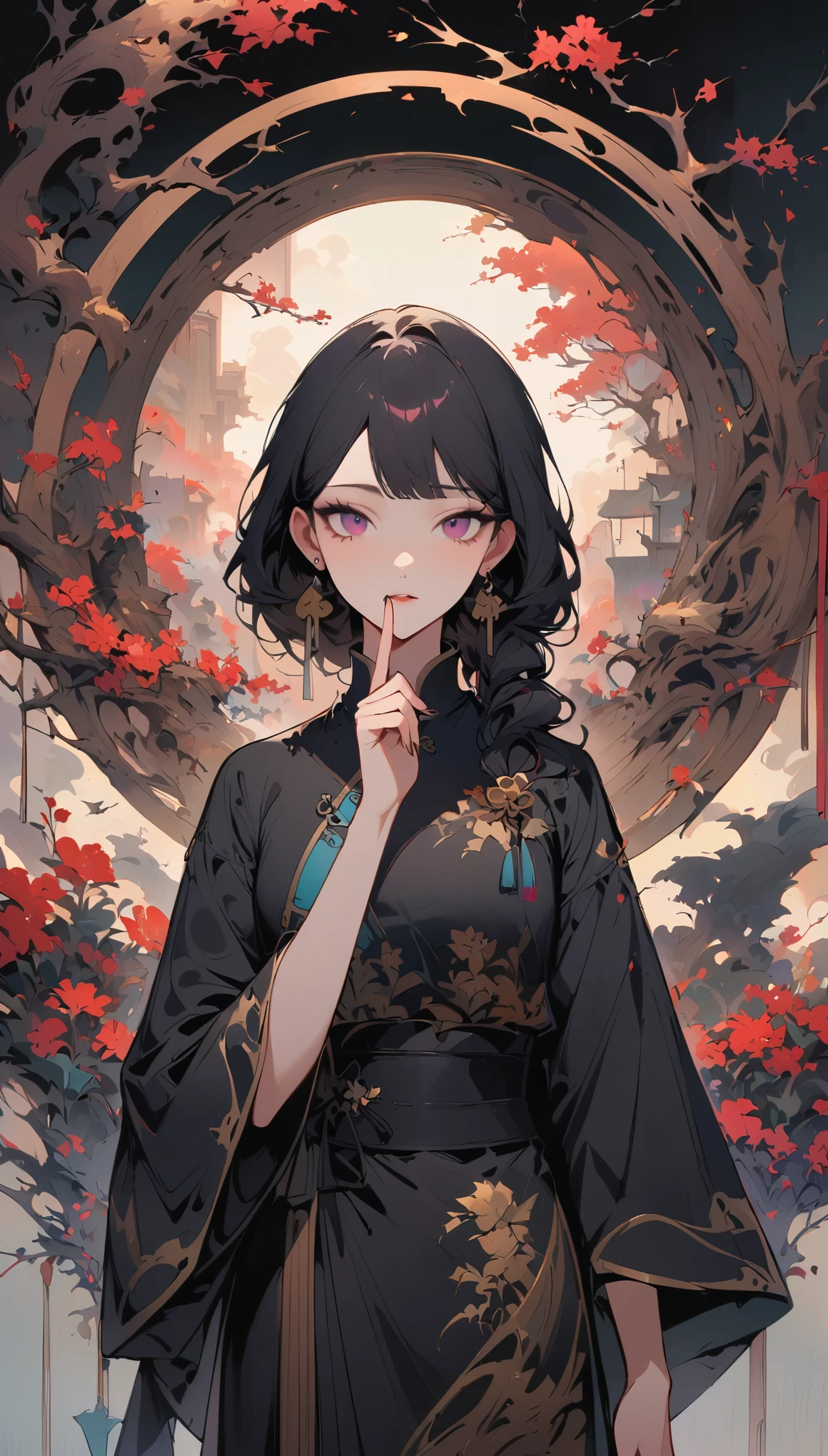 masterpiece,極為細緻ofCG統一8k壁紙,1 girl, 美麗of, 实际of, 模糊of, 模糊of_background, 模糊of_prospect, branch, 棕色of_hair, 梅flower, depth_of_site, earrings, flower, jewelry, nose, 实际of, 独自of,Chinese clothes,Finger hidden, weapon concealment, only wear