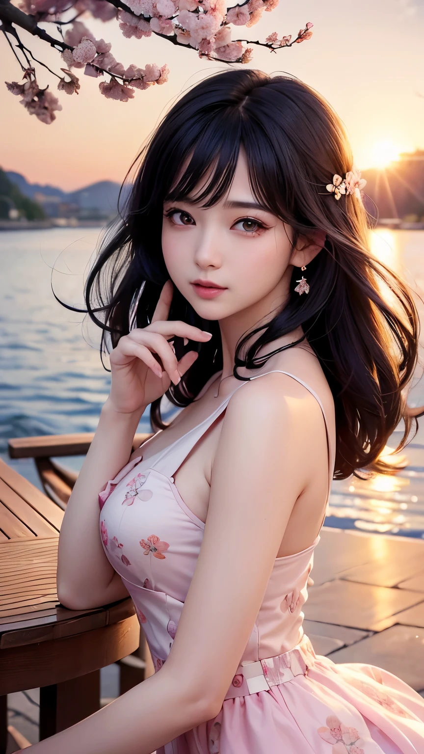 (logo、masterpiece、8K、table top、Raw photo、wonderful、最high quality、Photorealistic and very detailed CG integrated 8k wallpaper、high quality、very detailed、narrative poem、particle effects、dynamic effects、Depth of the bounds written、cinematic light、Lens flare、ray tracing)、fantasy、 (1 beautiful woman、dress、dress、cherry blossom pattern、black haired、beautiful face、real face、beautiful details eyes beautiful skin)、My hair dances in the wind、Hair flutters in Wind、hair bounces、pink cherry tree、petals dance、SakuraFubuki、Spectacular view、sunrise、sun on background、Wind、
