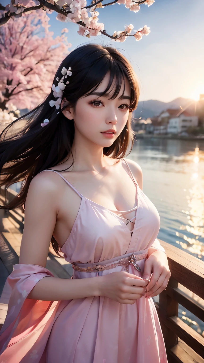 (logo、masterpiece、8K、table top、Raw photo、wonderful、最high quality、Photorealistic and very detailed CG integrated 8k wallpaper、high quality、very detailed、narrative poem、particle effects、dynamic effects、Depth of the bounds written、cinematic light、Lens flare、ray tracing)、fantasy、 (1 beautiful woman、dress、dress、cherry blossom pattern、black haired、beautiful face、real face、beautiful details eyes beautiful skin)、My hair dances in the wind、Hair flutters in Wind、hair bounces、pink cherry tree、petals dance、SakuraFubuki、Spectacular view、sunrise、sun on background、Wind、