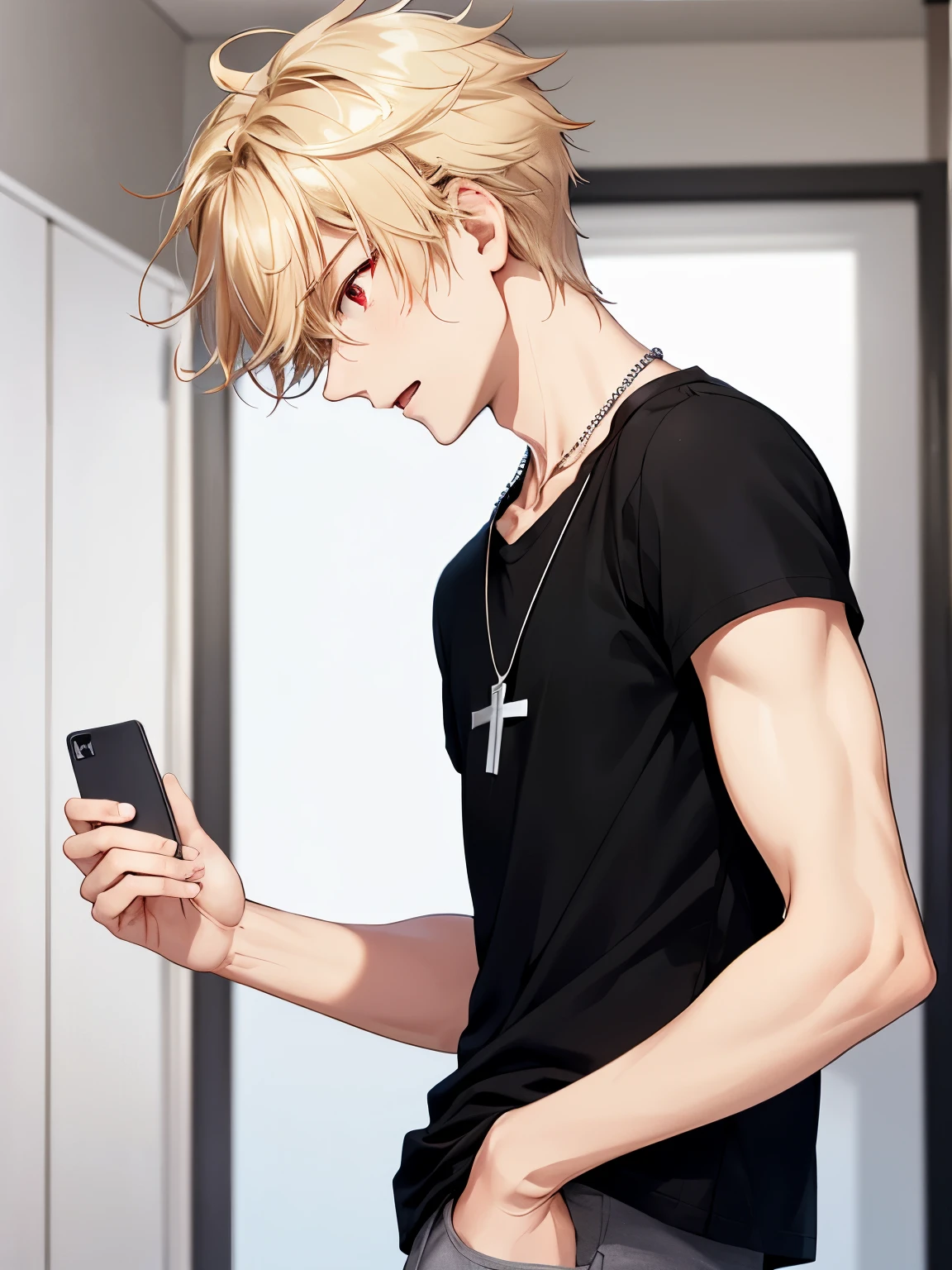 1 boy,solo,20 years old,guy, looking away,,close up photo,shock expression,cross necklace,handsome,messy hair,Perfect face, short hair, blonde hair,black t-shirt, Plain t-shirt,black t-shirt,short sleeve t-shirt,black trousers, Long pants,red eyes,bright red eyes, vampire