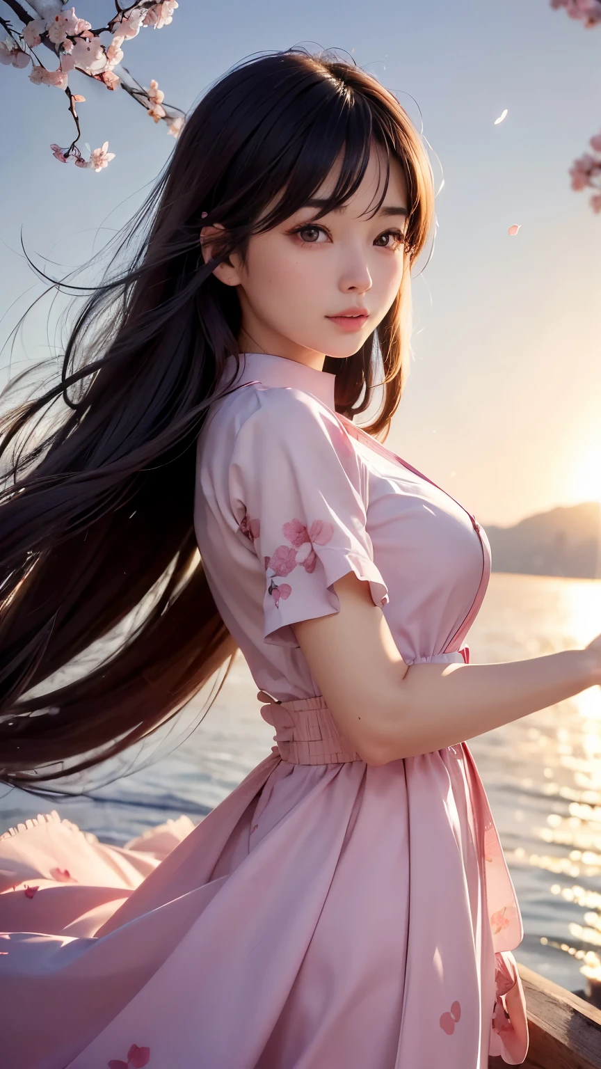 (A logo、masterpiece、8K、masutepiece、Raw photo、Fantastic、Best Quality、Photorealistic and ighly detailed CG integrated 8k wallpaper、hightquality、ighly detailed、epic poem、Particle effect、Dynamic effects、depth of fields、Cinematic Light、Lens Flare、Ray tracing)、Fantasia、 (Beauty 1 person、doress、Dress、Cherry blossom pattern、A dark-haired、Beautiful face、Real Face、beautiful details eyes beautiful skin)、my hair dances in the wind、Hair flutters in the wind、Hair jumps、Pink cherry blossom tree、Petals flutter、Sakura blizzard、Superb view、morning glow、Sun in the background、the wind、