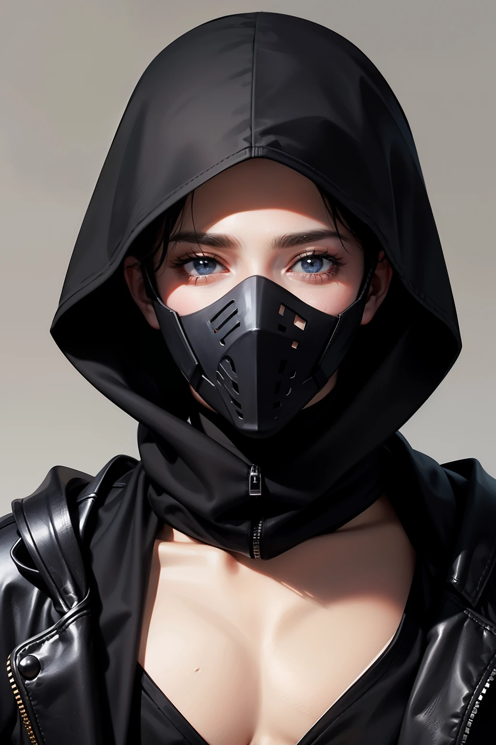 black hood male near future mask dynamic movement plain background