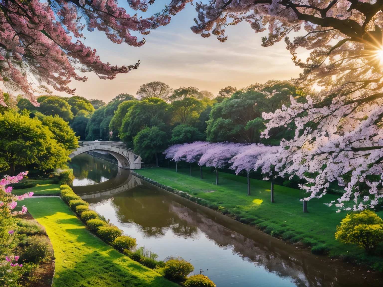 (spring morning), Chinese style painting, spring, morning, beautiful Japanese park, blooming sakura, spring morning, harsh sunlight, old temple in the center of the park, silence and harmony with nature, Chinese art, (stylized artstyle), wyy_style