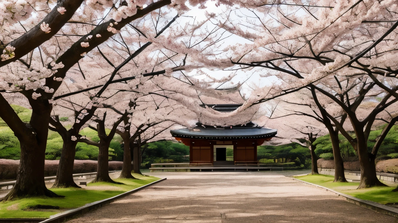 (spring morning), Chinese style painting, spring, morning, beautiful Japanese park, blooming sakura, spring morning, harsh sunlight, old temple in the center of the park, silence and harmony with nature, Chinese art, (stylized artstyle), wyy_style