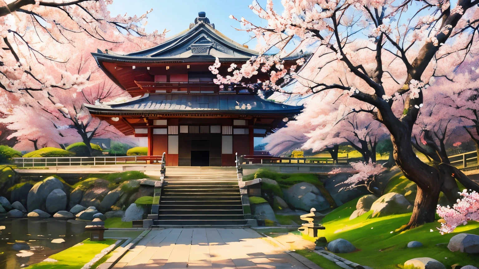 (spring morning), Chinese style painting, spring, morning, beautiful Japanese park, blooming sakura, spring morning, harsh sunlight, old temple in the center of the park, silence and harmony with nature, Chinese art, (stylized artstyle), wyy_style