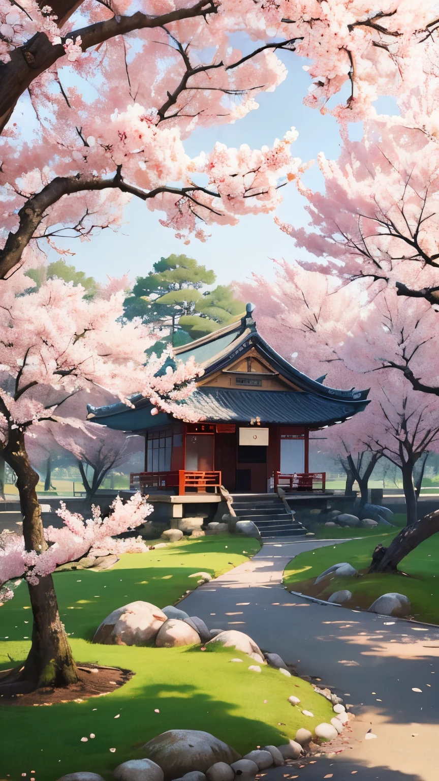 (spring morning), Chinese style painting, spring, morning, beautiful Japanese park, blooming sakura, spring morning, harsh sunlight, old temple in the center of the park, silence and harmony with nature, Chinese art, (stylized artstyle), wyy_style