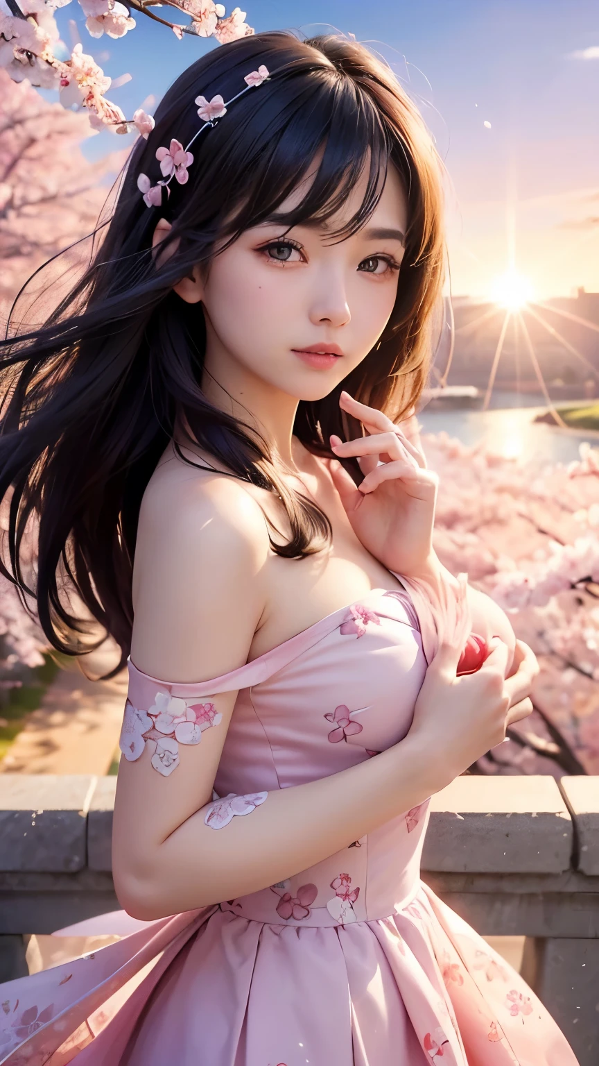 (A logo、masterpiece、8K、masutepiece、Raw photo、Fantastic、Best Quality、Photorealistic and ighly detailed CG integrated 8k wallpaper、hightquality、ighly detailed、epic poem、Particle effect、Dynamic effects、depth of fields、Cinematic Light、Lens Flare、Ray tracing)、Fantasia、 (Beauty 1 person、doress、Dress、Cherry blossom pattern、A dark-haired、Beautiful face、Real Face、beautiful details eyes beautiful skin)、my hair dances in the wind、Hair flutters in the wind、Hair jumps、Pink cherry blossom tree、Petals flutter、Sakura blizzard、Superb view、morning glow、Sun in the background、the wind、
