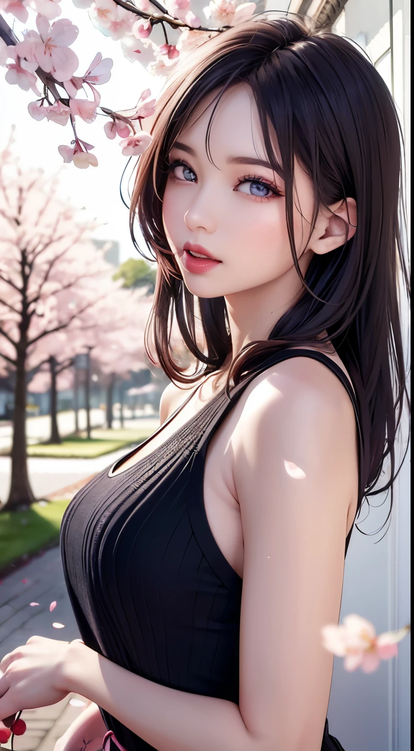 Mustepiece, top quality, illustration, ultra-definition, fine details, high resolution, 8K wallpaper, perfect dynamic composition, beautiful detailed eyes, wearing a dress, natural colored lips, random cute pose, perfect and beautiful face, cute, sexy face, sunset, ecstasy face, feminine face, (cherry blossoms, cherry blossoms, falling cherry blossom petals, cherry blossom blizzard, falling petals), waving in the wind Hair, hair fluttering, pink cherry blossoms, petals dancing, cherry blossom snowstorm, wonderful scenery, sunrise, background sun, wind,