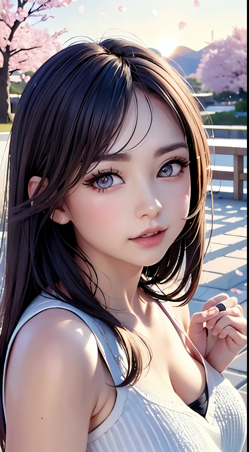 Mustepiece, top quality, illustration, ultra-definition, fine details, high resolution, 8K wallpaper, perfect dynamic composition, beautiful detailed eyes, wearing a dress, natural colored lips, random cute pose, perfect and beautiful face, cute, sexy face, sunset, ecstasy face, feminine face, (cherry blossoms, cherry blossoms, falling cherry blossom petals, cherry blossom blizzard, falling petals), waving in the wind Hair, hair fluttering, pink cherry blossoms, petals dancing, cherry blossom snowstorm, wonderful scenery, sunrise, background sun, wind,