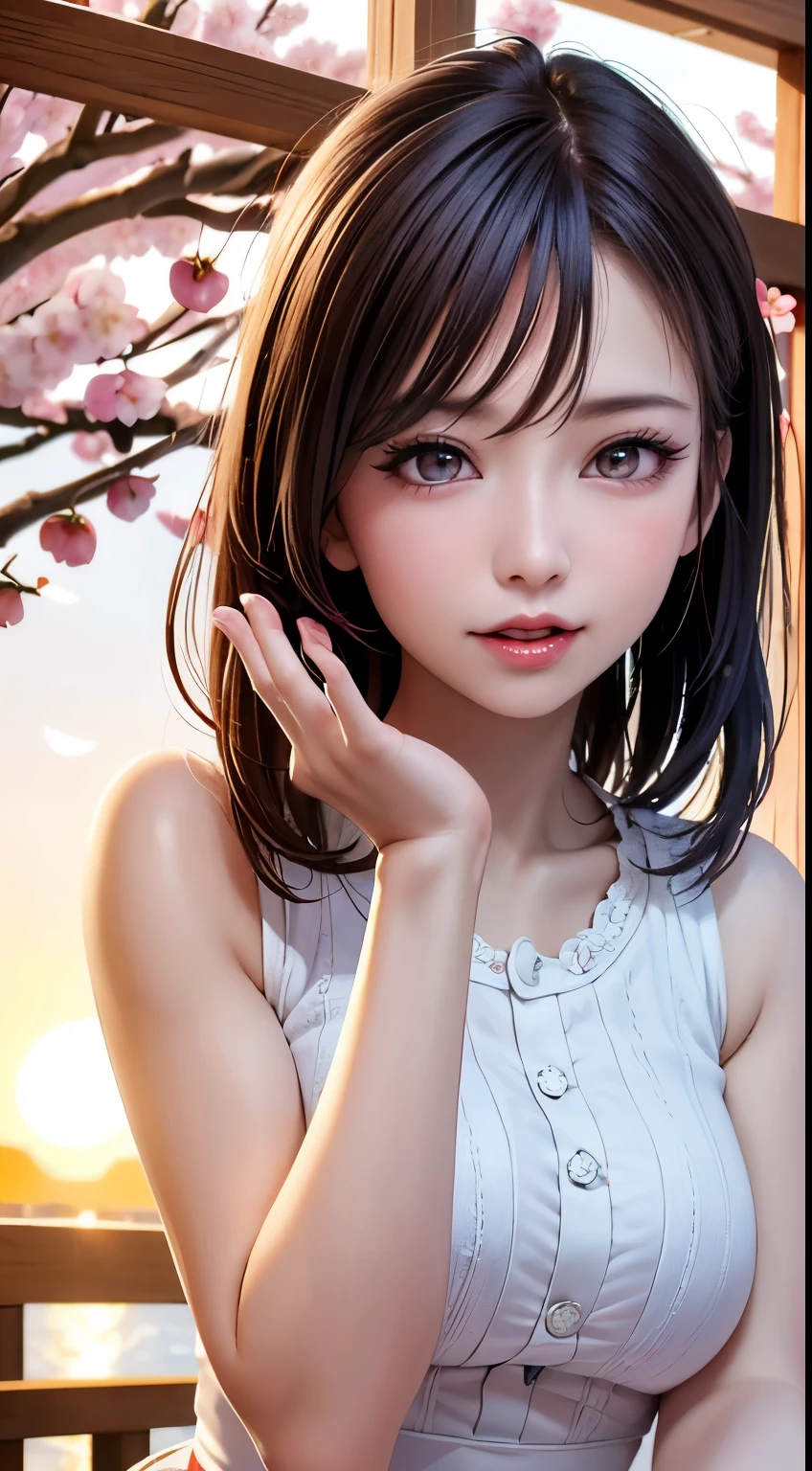 masutepiece, Best Quality, Raw photo、Ultra-realistic hair quality、Movie stills, 1girl in, front, Low-cut Sheer Dress, Big Tits, close-up, Bright, Happy, Warm soft light, (Fireworks: 0.3),japanes、20yr old