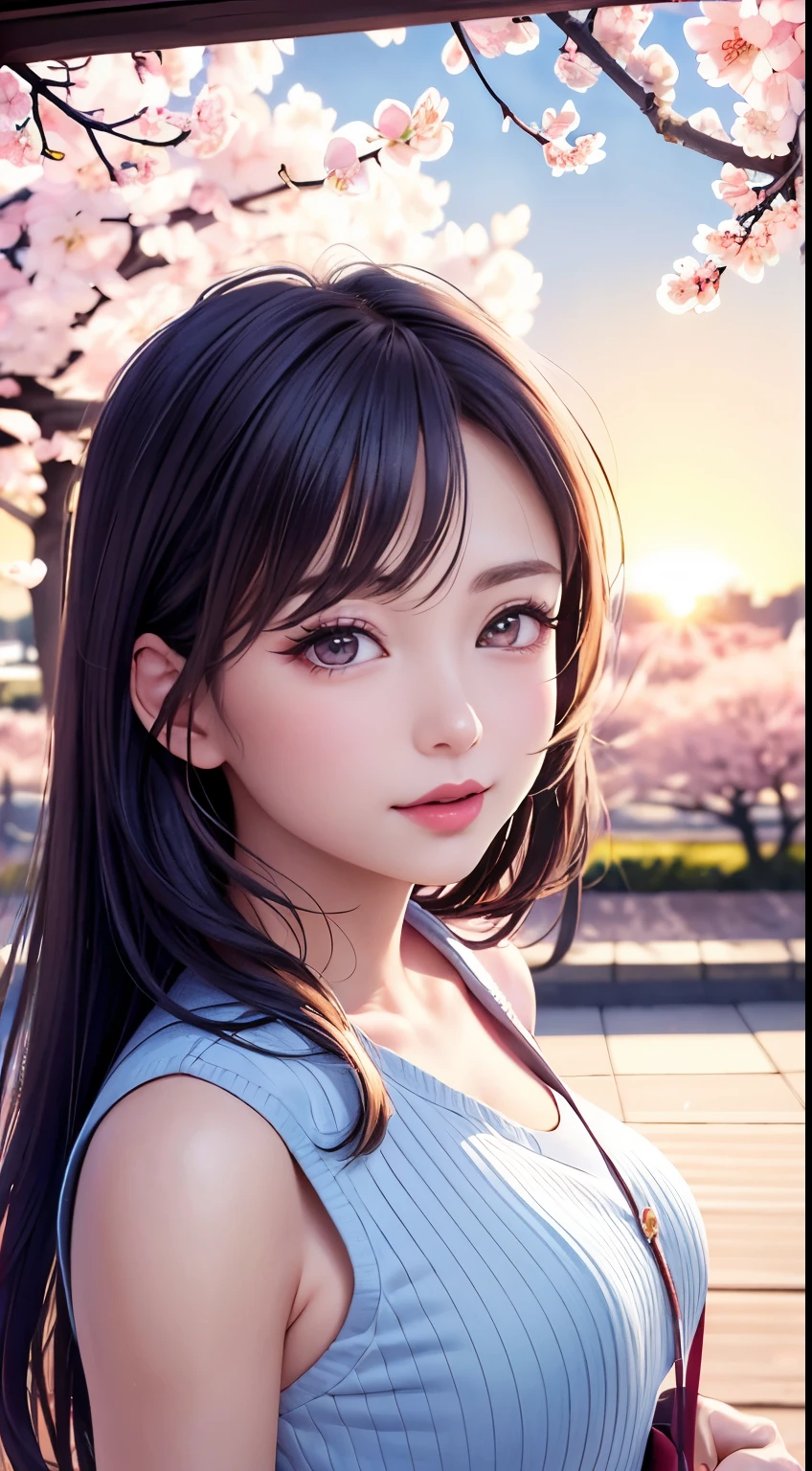 Mustepiece, top quality, illustration, ultra-definition, fine details, high resolution, 8K wallpaper, perfect dynamic composition, beautiful detailed eyes, wearing a dress, natural colored lips, random cute pose, perfect and beautiful face, cute, sexy face, sunset, ecstasy face, feminine face, (cherry blossoms, cherry blossoms, falling cherry blossom petals, cherry blossom blizzard, falling petals), waving in the wind Hair, hair fluttering, pink cherry blossoms, petals dancing, cherry blossom snowstorm, wonderful scenery, sunrise, background sun, wind,