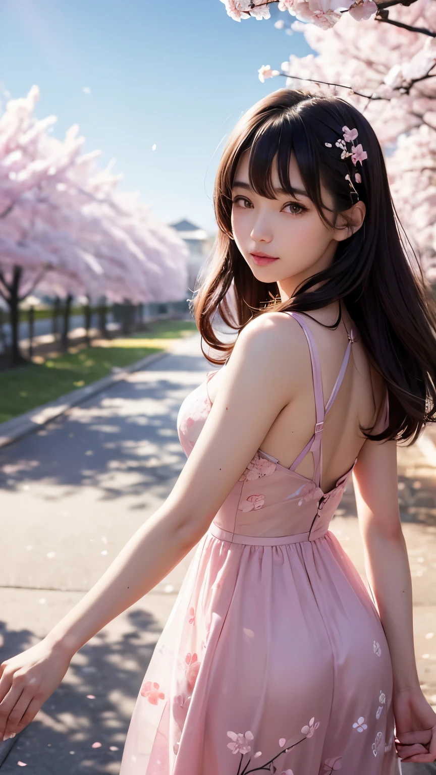 (A logo、masterpiece、8K、masutepiece、Raw photo、Fantastic、Best Quality、Photorealistic and ighly detailed CG integrated 8k wallpaper、hightquality、ighly detailed、epic poem、Particle effect、Dynamic effects、depth of fields、Cinematic Light、Lens Flare、Ray tracing)、Fantasia、 (Beauty 1 person、doress、Dress、Cherry blossom pattern、A dark-haired、Beautiful face、Real Face、beautiful details eyes beautiful skin)、my hair dances in the wind、Hair flutters in the wind、Hair jumps、Pink cherry blossom tree、Petals flutter、Sakura blizzard、Superb view、morning glow、Sun in the background、the wind、