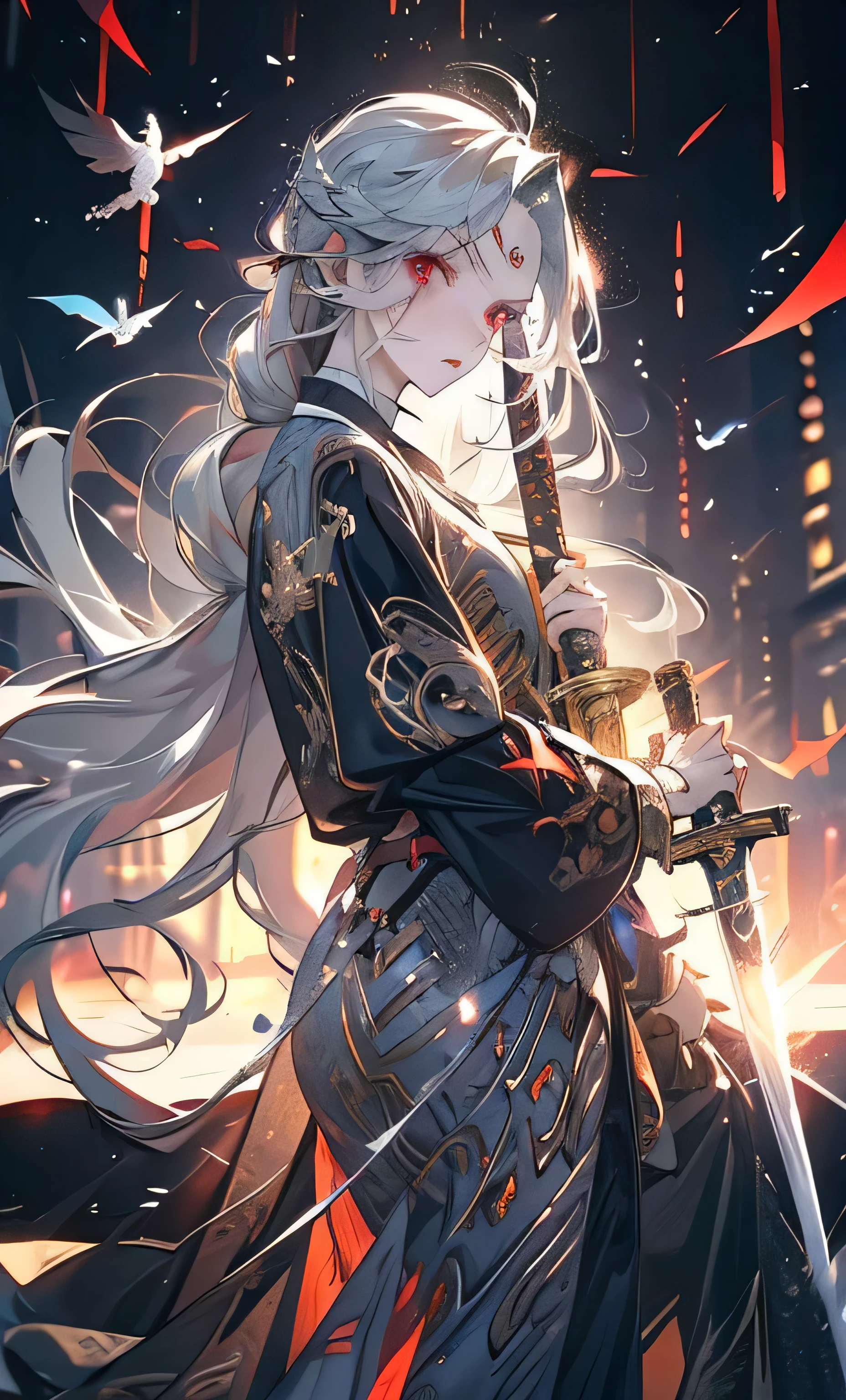 Anime,masterpiece, (bestquality), highlydetailed, ultra-detailed, intense shadows, in a dark castle, (sword in right hand:gun in left hand),1girl,bishoujo,stare,red eyes,beautiful detailed eyes,long hair,white hair,silver_hair,Wing-like bangs,Dull hair,ahoge,Hair rings,braid, cold,Full Length Shot(FLS),