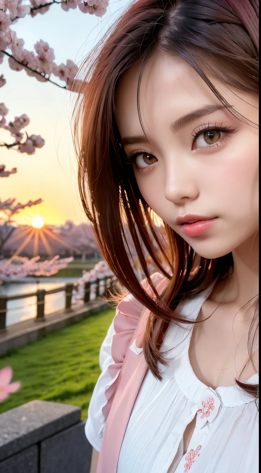 Mustepiece, top quality, illustration, ultra-definition, fine details, high resolution, 8K wallpaper, perfect dynamic composition, beautiful detailed eyes, wearing a dress, natural colored lips, random cute pose, perfect and beautiful face, cute, sexy face, sunset, ecstasy face, feminine face, (cherry blossoms, cherry blossoms, falling cherry blossom petals, cherry blossom blizzard, falling petals), waving in the wind Hair, hair fluttering, pink cherry blossoms, petals dancing, cherry blossom snowstorm, wonderful scenery, sunrise, background sun, wind,