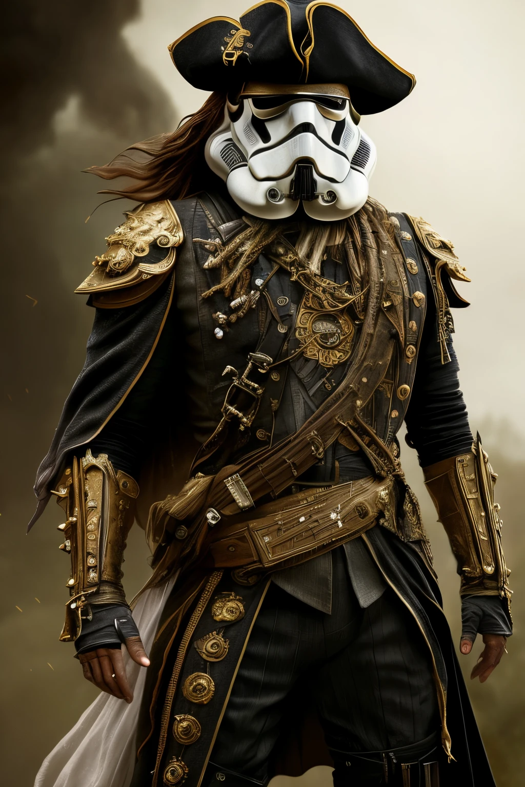 A captivating portrait of a pirate stormtrooper in an intense battle stance, clad in black and gold pirate armor reminiscent of the Pirates of the Caribbean series. The intricate gold armor design glimmers under the atmospheric fog, adding to the mystical and pirate wardrobe aesthetic. The flowing black cape billows behind him, creating a dramatic effect against the artistic colors of the scene. The highly realistic textures of the armor and fabric are brought to life through cinematic photography in stunning 32k ultra high definition resolution, captured with a Nikon camera for maximum cinematic impact. The photorealistic image invites viewers into a world filled with adventure and excitement
