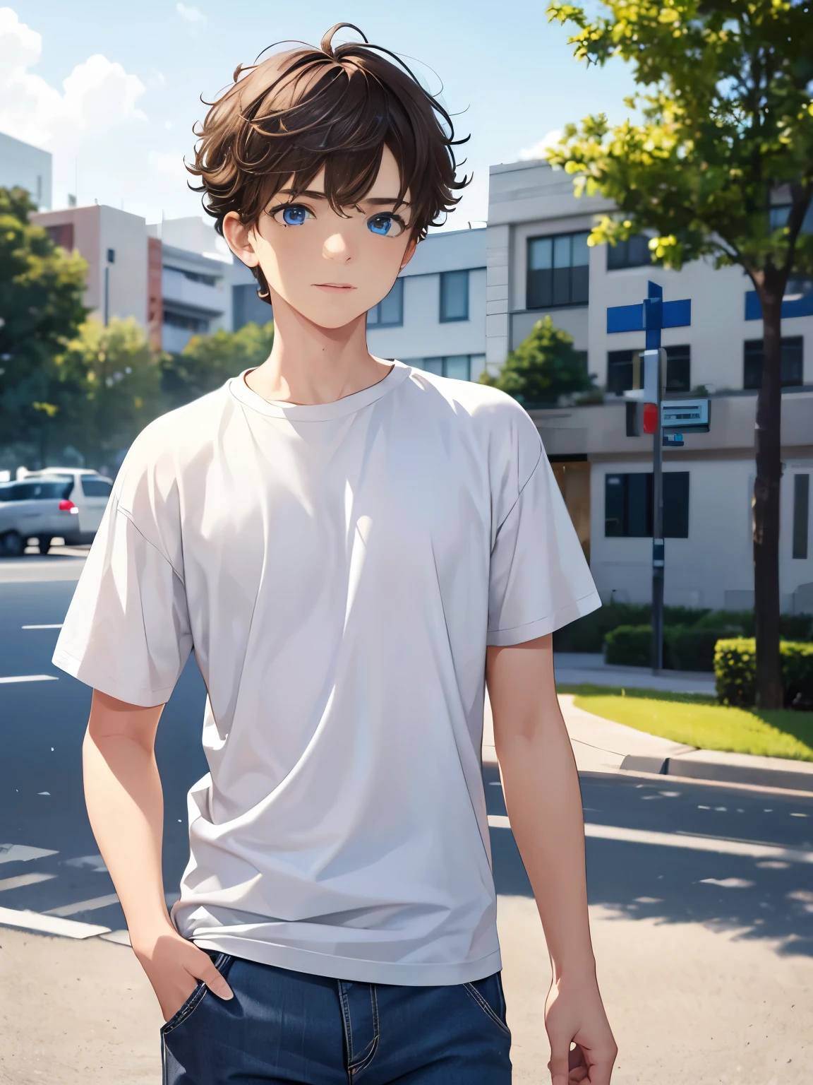 1boy,guy,blue eyes,Walking,,Curly hair,looking away,medium hair,undercut hairstyle,undercut,light brown hair,Plain t-shirt, white t-shirt,white trousers,ultra detail, perfect face, hd face, detailed face, masterpiece