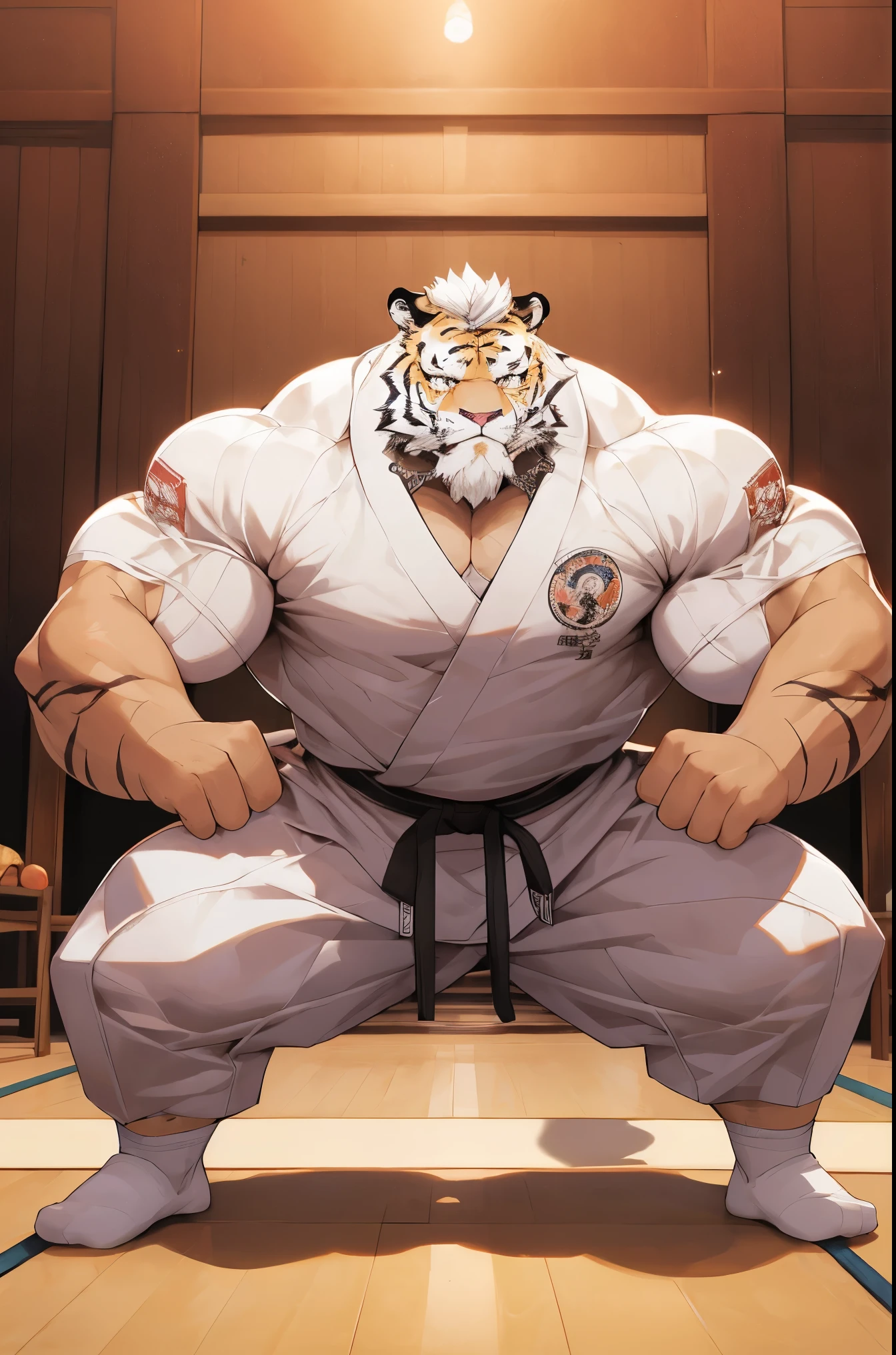 Very detailed, Detailed face, exquisite eyes, Detailed muscles, (View whole body), ((1 person)), ((furry tiger)), big muscles, middle-aged man,(Purpose(Practicing martial arts at a martial arts gym (beard, beaded,strong face, short hair, white hair, Strong character, strong muscles,Wearing martial arts training clothes,Wear white cotton socks), (photography (50mm lens, cinematic, cinematic color))