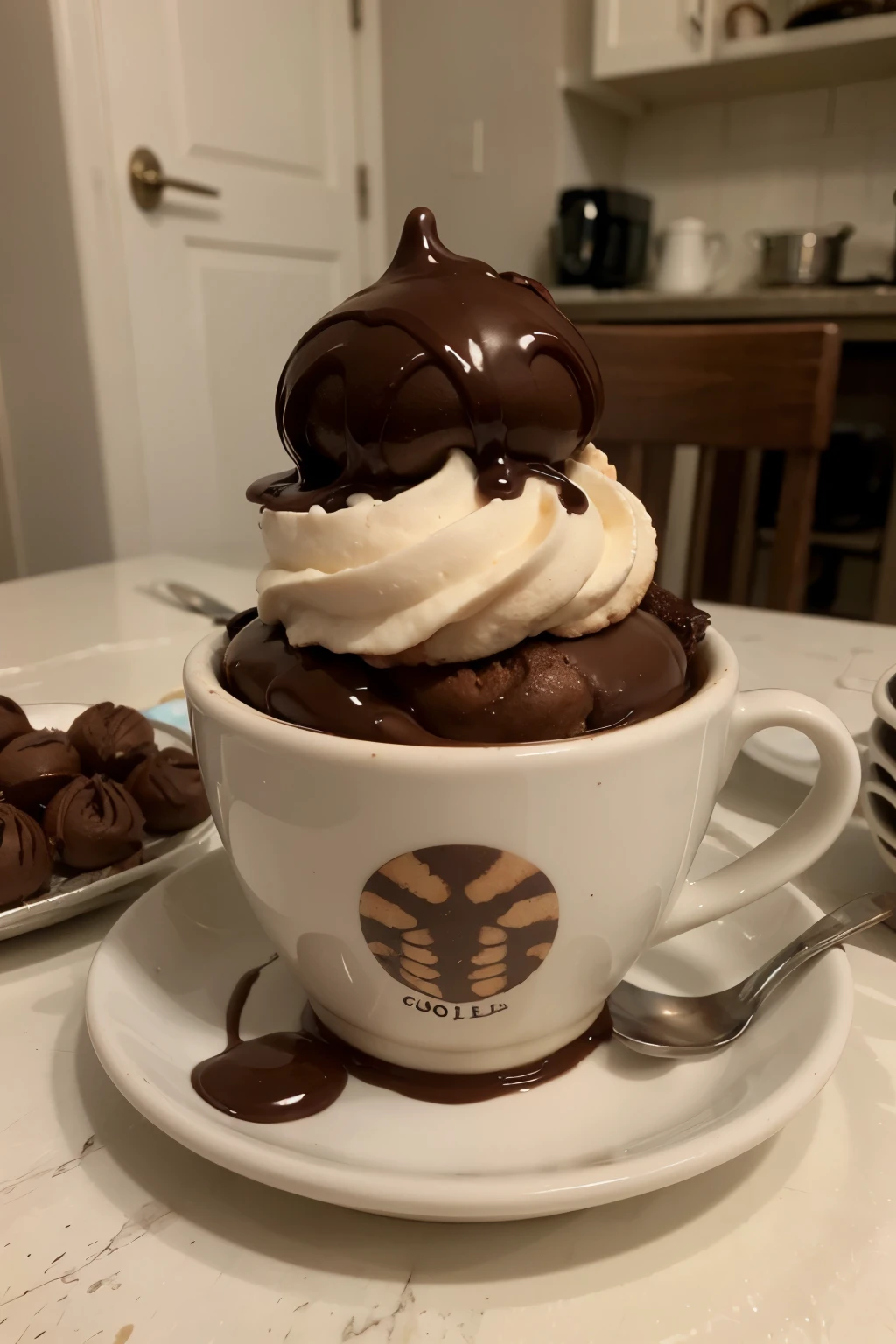 profiteroles in a coffee cup covered in chocolate and everything in the middle is a large photo, without people, front view