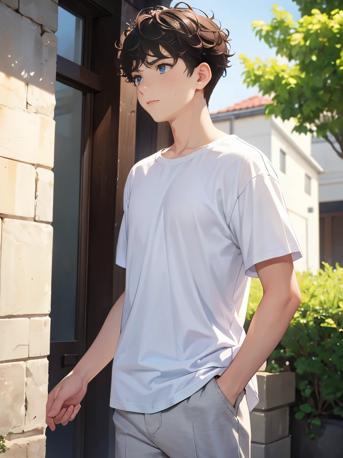 1boy,guy,blue eyes,Facing left,Walking,,Curly hair,Looking to the right, looking away, expression of surprise,looking away,medium hair,undercut hairstyle,undercut,light brown hair,Plain t-shirt, white t-shirt,white trousers,ultra detail, perfect face, hd face, detailed face, masterpiece