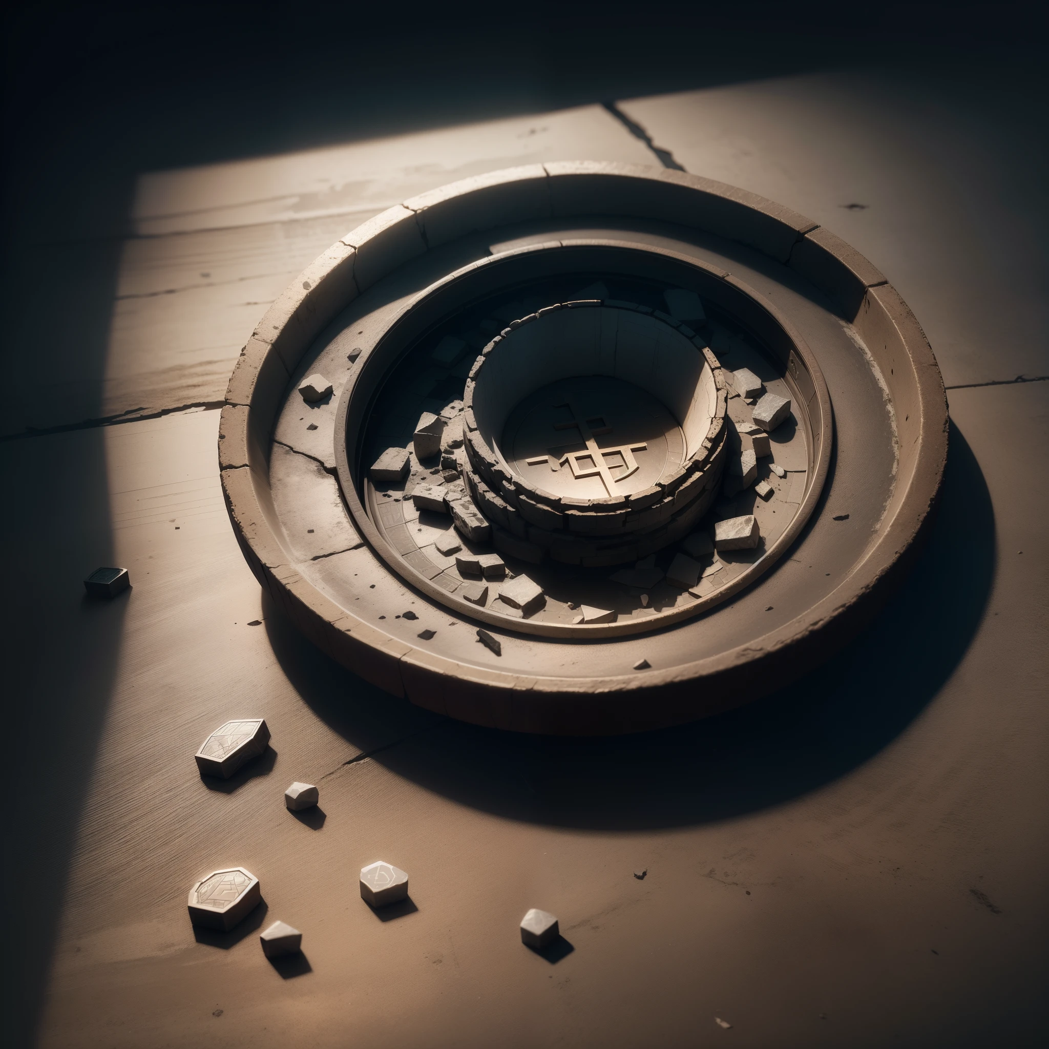 Amidst the shadows of a dark, enigmatic backdrop lies a shattered cryptocurrency coin, its once pristine surface now fractured into two distinct halves. The coin's gray surface, etched with intricate designs and embedded with faint holograms, reflects the dimly lit surroundings, casting an eerie, distorted image onto the surface below. The text etched into the coin, once bold and legible, is now barely discernible due to the irregularities in the broken surface, adding to the cryptic nature of the artifact.