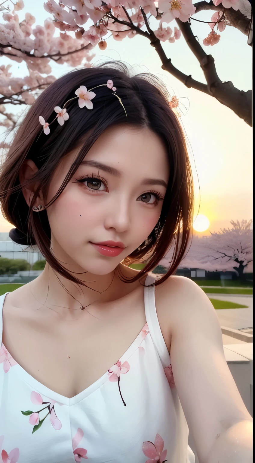 Mustepiece, top quality, illustration, ultra-definition, fine details, high resolution, 8K wallpaper, perfect dynamic composition, beautiful detailed eyes, wearing a dress, natural colored lips, random cute pose, perfect and beautiful face, cute, sexy face, sunset, ecstasy face, feminine face, (cherry blossoms, cherry blossoms, falling cherry blossom petals, cherry blossom blizzard, falling petals), waving in the wind Hair, hair fluttering, pink cherry blossoms, petals dancing, cherry blossom snowstorm, wonderful scenery, sunrise, background sun, wind,