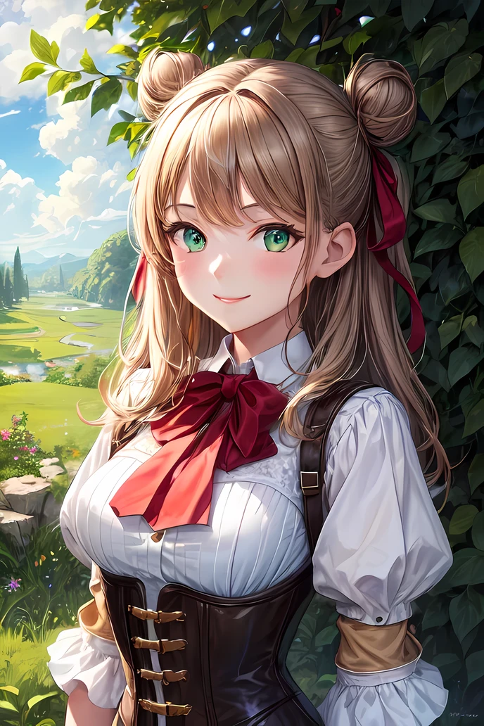 best quality, (masterpiece:1.2), illustration, absurdres,
(1girl, solo), (beautiful detailed girl), (upper body, portrait),
Duvalie, green_eyes, light brown hair, (hair bun:0.8), hair ribbon, medium breasts, medieval_outfit, brown_thigh_boots, corset, white_shirt, red_skirt, green_neckwear, (smile, looking at viewer),
magical forest, sky, clouds