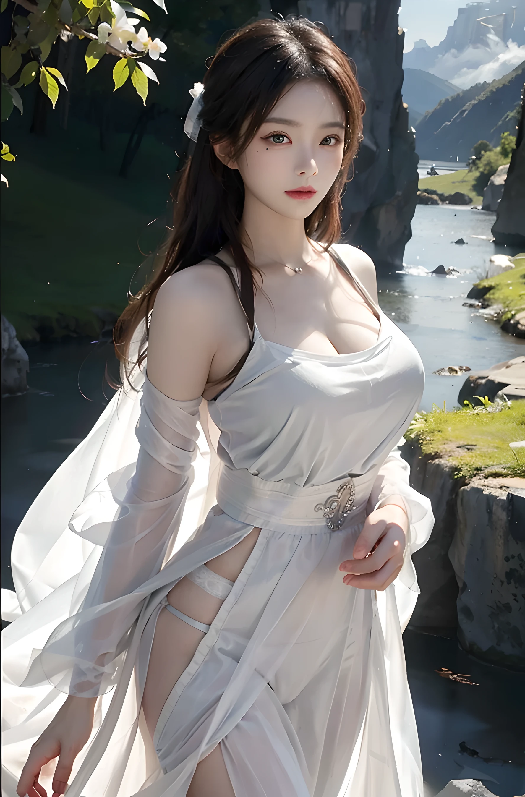 1 girl,solo,realistic,masterpiece,best quality,official art,extremely detailed CG unity 8k wallpaper,realistic,light rays,light particles,1girl,solo,chinese_clothes,jewelry,earrings,brown_eyes,realistic,lips,long_hair,black_hair,looking_at_viewer,waistband,black pants, blue sky,white clouds,depth of field,simple_background,minimalism,outdoor,open country,stream,lake,flowers fall,peach blossom, looking at viewer,cowboy shot,