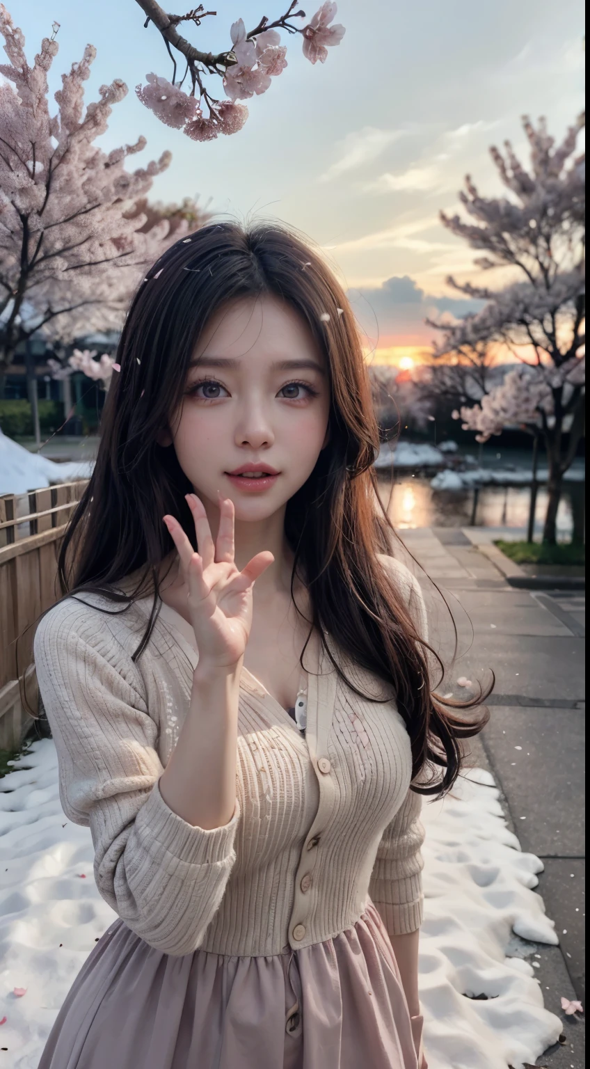 Mustepiece, top quality, illustration, ultra-definition, fine details, high resolution, 8K wallpaper, perfect dynamic composition, beautiful detailed eyes, wearing a dress, natural colored lips, random cute pose, perfect and beautiful face, cute, sexy face, sunset, ecstasy face, feminine face, (cherry blossoms, cherry blossoms, falling cherry blossom petals, cherry blossom blizzard, falling petals), waving in the wind Hair, hair fluttering, pink cherry blossoms, petals dancing, cherry blossom snowstorm, wonderful scenery, sunrise, background sun, wind,