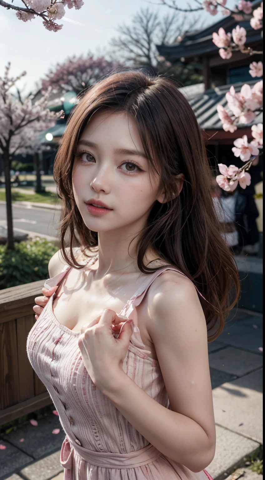 Mustepiece, top quality, illustration, ultra-definition, fine details, high resolution, 8K wallpaper, perfect dynamic composition, beautiful detailed eyes, wearing a dress, natural colored lips, random cute pose, perfect and beautiful face, cute, sexy face, sunset, ecstasy face, feminine face, (cherry blossoms, cherry blossoms, falling cherry blossom petals, cherry blossom blizzard, falling petals), waving in the wind Hair, hair fluttering, pink cherry blossoms, petals dancing, cherry blossom snowstorm, wonderful scenery, sunrise, background sun, wind,