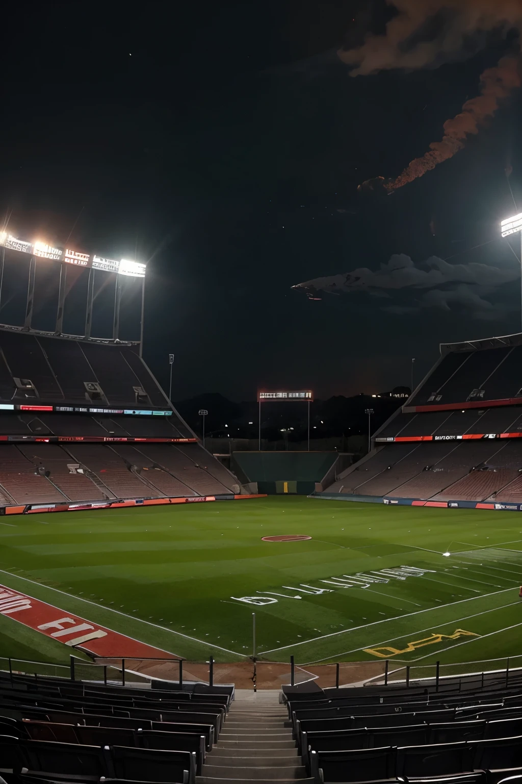 football stadium for 100000 people, todo rubro negro, com cadeiras vermelhas e pretas formando pixels rubro negros, gramado com tonalidade de verde mais clara e outras mais escuras, cobertura com energia solar, red and black smoke coming from inside the stadium, very good night lighting, radio and TV booths on display, fans filling the stadium.