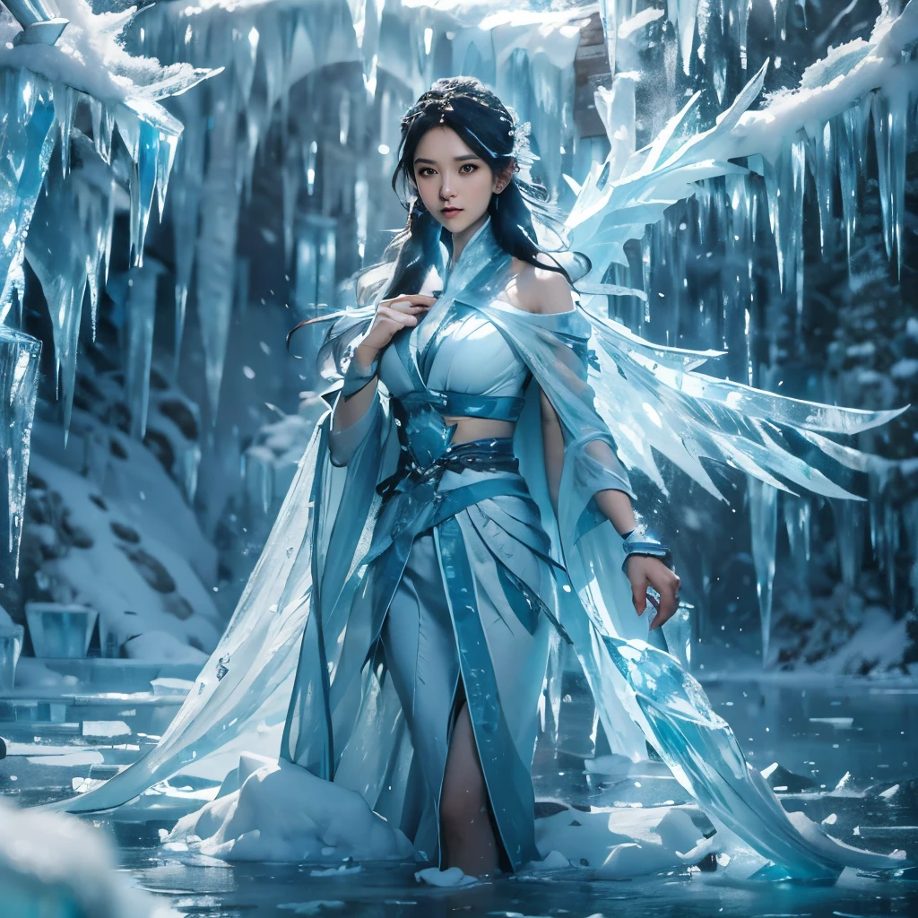 (((1 girl))),(Ideal facial features),(Wear the ancient Han message),upper body,icy,Ice wings,(ICE PHOENIX:1.2),splashed liquid,Wavy liquid,air bubble,I'm standing on the water,Wool,blue glow,(Frost wings),(((Powerful ice magic))),(((Icicles))),towering over the landscape,Blue light Cold light,(((Ice storms))),Wind,((flying snow, Ice and snow)),Amazing results,,best quality specialist,the masterpiece,ultra high resolution,finely detailed,complex parts,Resolution 8K,8KUGG Wallpaper,HDR,The water is blue,Magic Array,cinematic lighting effects,contrast of light and shadow,ray tracing、NVIDIA RTH