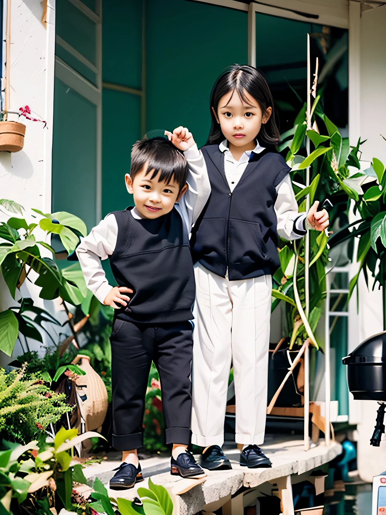 Highly realistic photo, ((masterpiece), (best quality), (raw photo), (photorealistic:1.4), old photo of two young vietnamese children standing in the corner, behind them is an overgrown garden with plants and trees, ((5 year old sister and 2 year old brother)), Boys have high forehead, silky hair, girls have long black hair with bangs, they look happy but not looking at camera, ((black pants)), in front of window, on white background, realistic, vignette, photo taken by Sony A7IV
