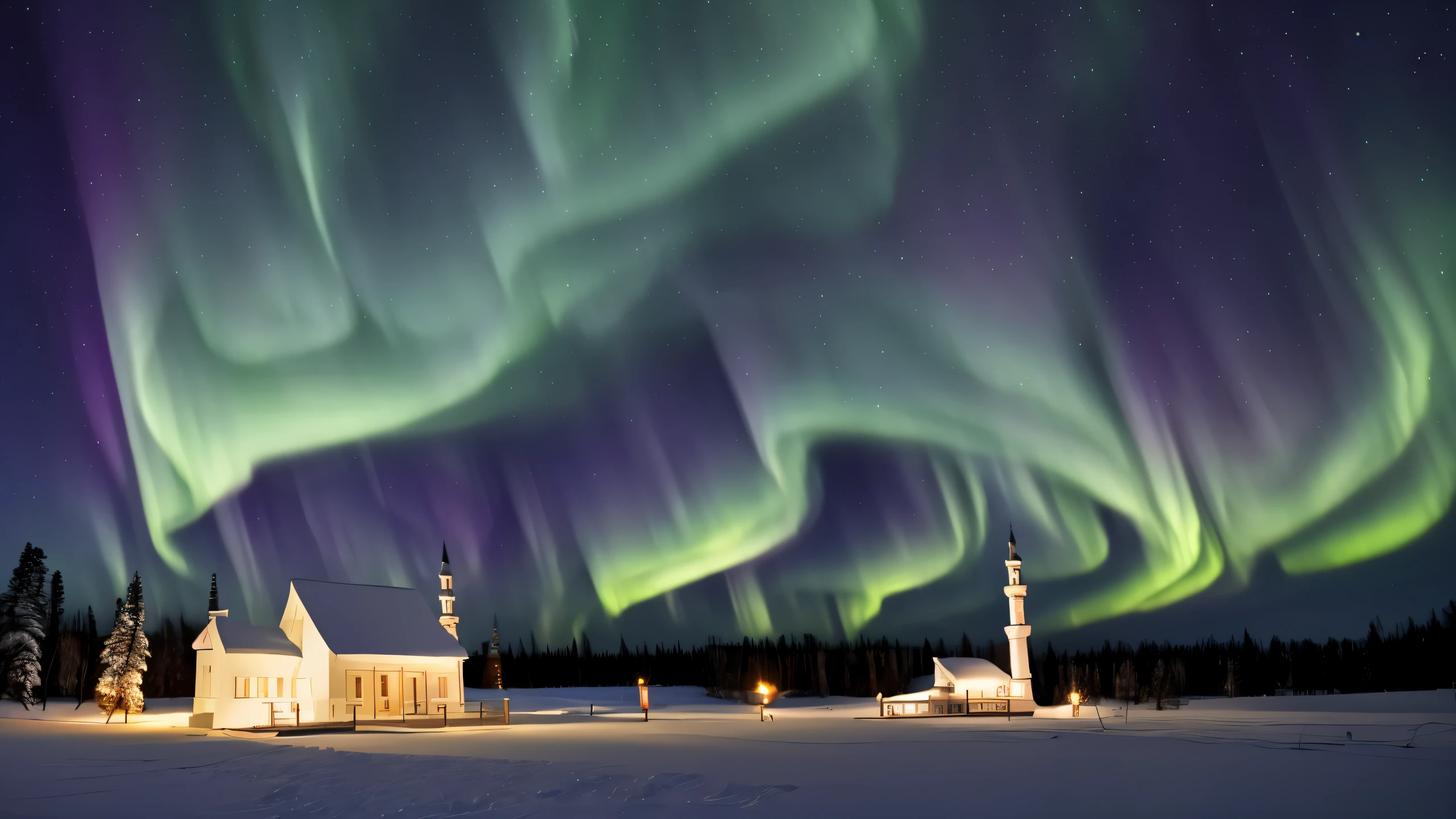 A wallpaper depicting a white mosque at night time beneath northern lights [Ultra Realistic] [Islamic] [Wallpaper 4K]
