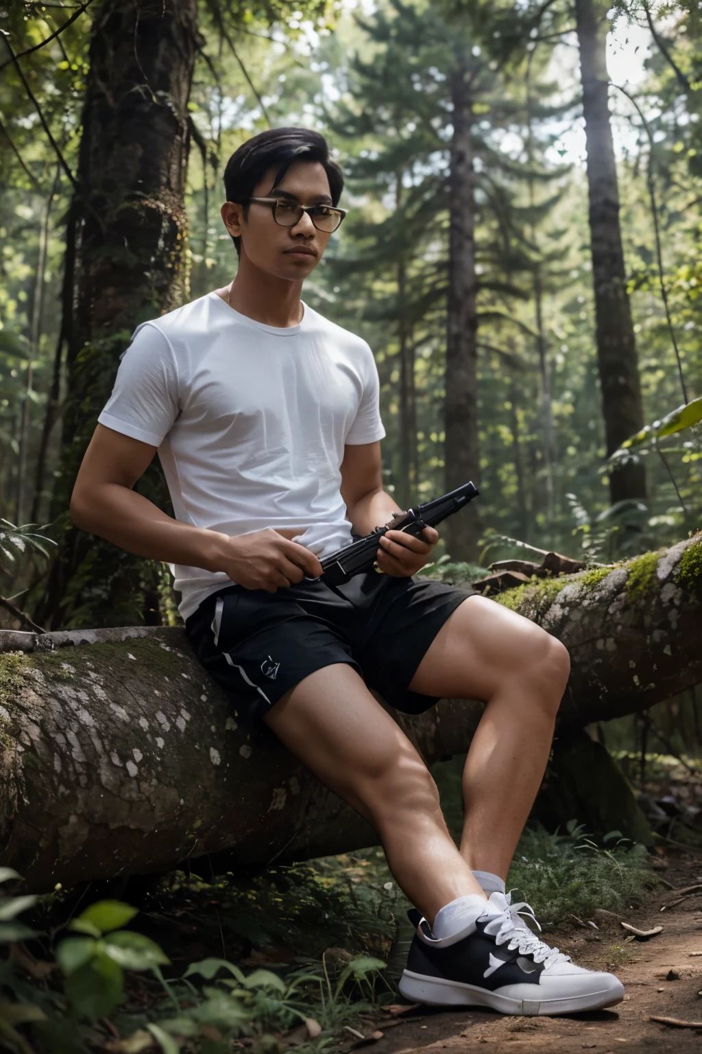 flat landscape. color and shades. An Indonesian young man, fit body, white t-shirt, black sneakers, hold an ak47, in the forest. eye glasses, beard, ultra realistic. xHDRi. Super detailed. cinematic