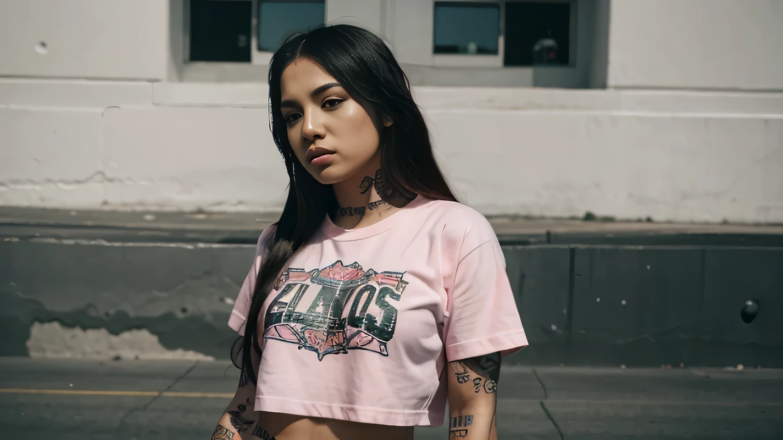 chicanos tattoo girl rapper los angeles photo cinematic, whit pink t-shirt