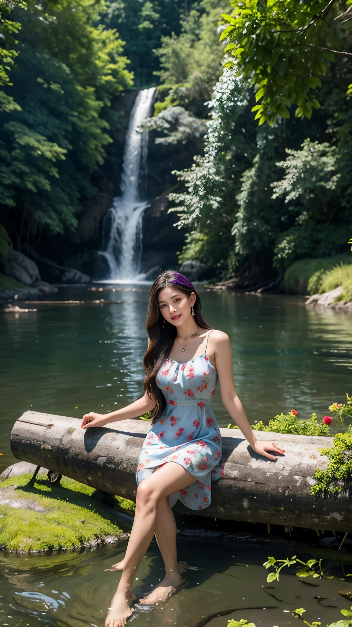 8K, ultra hd, masterpiece, very realistic, 1 girl, good face, very long straight hair, detailed eyes, detailed lips, super round medium breasts, Short Strapless Tulle Beads Prom Dress Green Mini Elegant 3D Flowers, ((pink,red,blue,black,green,meroon,purple,yellow colour random mini thin dress)), ((High resolution Dress Quality)), diamonds, jewellery, necklace, earring, lake, landscape, sitting, Bridge, Forest , ((flowers ))standing in lake water , legs in water, Pine trees , Perfect body figure, Beautiful Smile, Cinematic photography, Sexy angles, Stylish poses, 4 Different poses, k , high resolution picture quality, very clear body figure, Flowers in hand, Flowers on Hair, walking in water, waterfalls