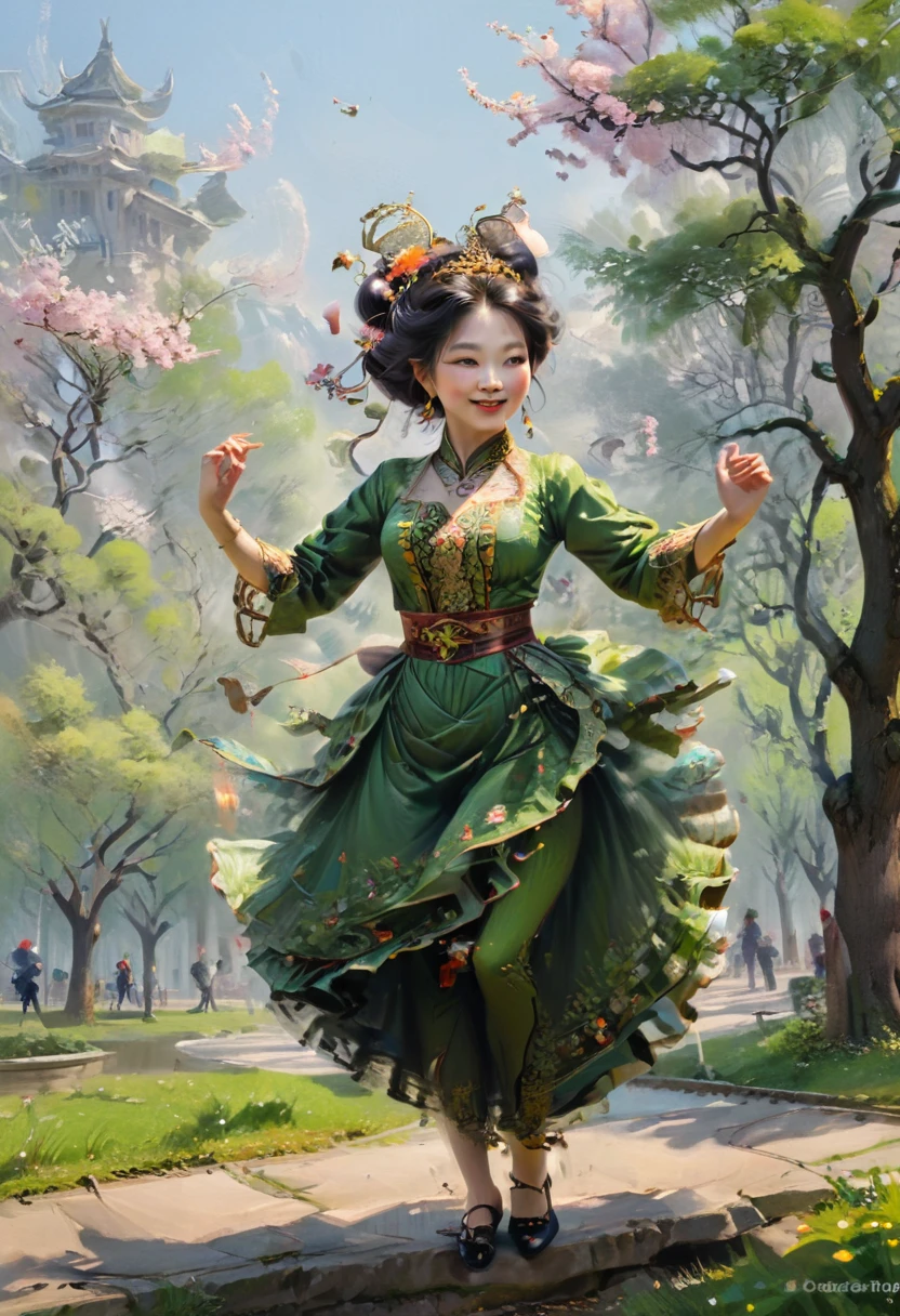 Spring Morning, Dancing Auntie, park, (masterpiece, best quality, perfect composition, very aesthetic, absurdres, ultra-detailed, intricate details, Professional, official art, Representative work:1.3)