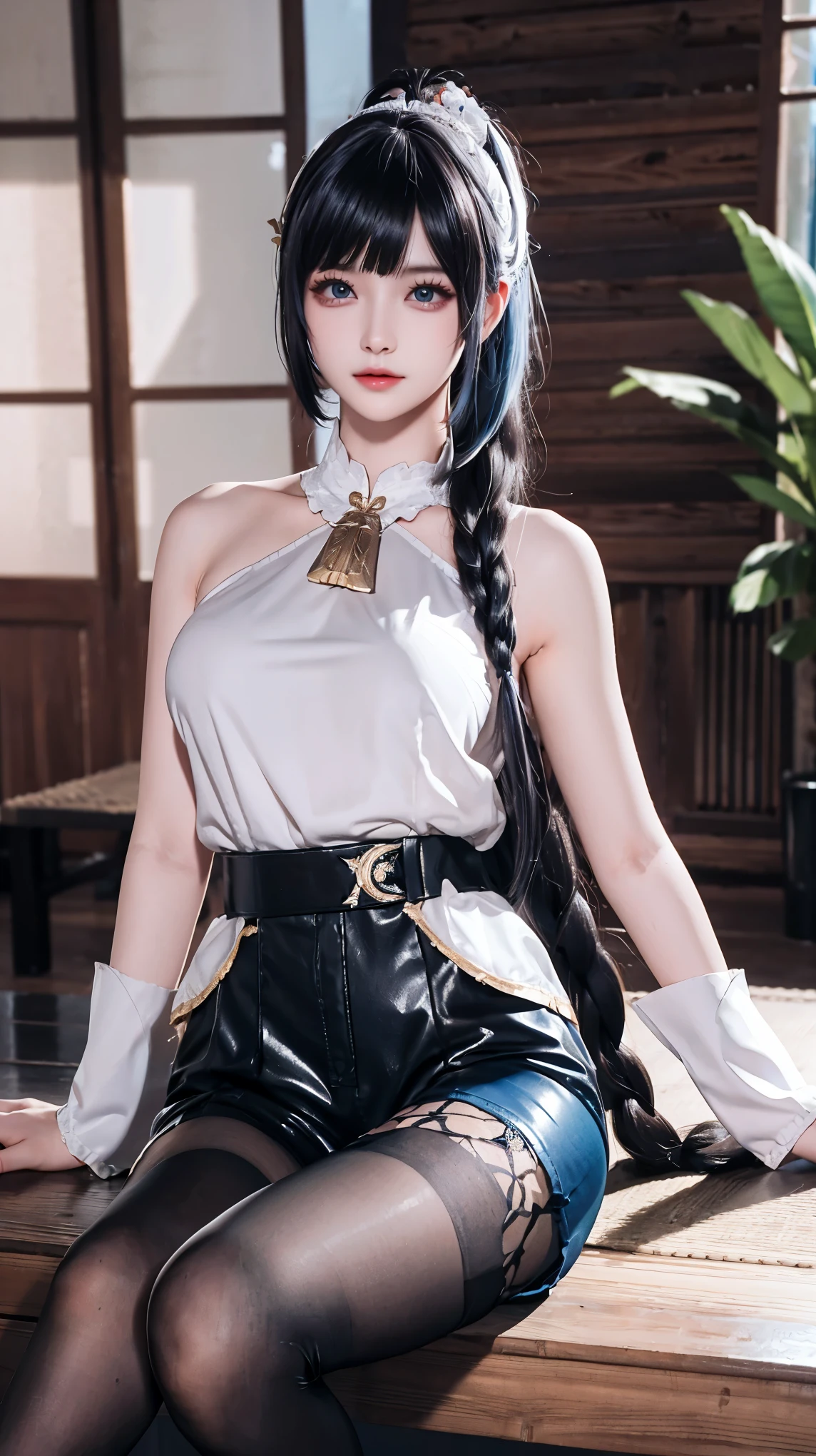 a white hair、Close-up of woman wearing white mask, beautiful figure painting, guweiz, Gurwitz style artwork, White-haired God, author：Yang Jie, Epic and beautiful character art, Stunning character art, author：FAN Qi, by Wuzhun Shifan, pixiv art station street guweiz, single ponytail, insult, high ponytail, tall figure, long legs, (sleeveless lace shirt), (shorts), (striped )), ((striped )), Walk, elegant, dignified, feminine, beautiful curves, sweet smile, Strong sense of detail and layering, colorful, Has a unique texture, rich and colorful, Color harmony, vivid, design art, 16K, super detailed, {{illustration}}, {extremely delicate and beautiful}, {Exquisite surface treatment}, super detailed, Exquisite glowing eyes, {{movie lighting}}, Extreme light effects, Model: realism, CFG size: 12, Laura: Bright texture (1.35), high quality, masterpiece, Exquisite facial features, Delicate hair depiction, Detailed depiction of eyes, masterpiece, best quality, Ray tracing, Extremely detailed CG unified 8K wallpaper, masterpiece, best quality, (1 girl), perfect female figure, (((White tight T-shirt))), beautiful eyes, (delicate face), black short hair, hair tied up, Light blue hairpins, (White skin), (best lighting), (Super intricate details), 4K unified, (super detailed CG), Showing white legs, , hot pants, shorts,best quality, High resolution, Unique image, 1 girl，armpit, Put your arms behind your head, Bangs, bare shoulders, blue footwear, blue hair, blue leggings, braid, Chest, 棕色lift your legs, shut your mouth, bench, Cover belly button, curtain, Split collar, earrings, Eyebrow suspenders visible through hair, gradient hair, green eyes, High heel, light blush, looking at the audience, messy hair, rich and colorful hair, on bench, sitting, alone, ,lift your legs,大long legs，black white hair，glowing eyes,medium bust，sex toys，vibrator，,,interesting,charming的面部表情,Aheiyan,charming,blush,Shy,Shy，blushing，surprise,panic,Shy,shame,disgust,dislike,，Areola，，Areola，urinary incontinence细节刻画，sexual pleasure细节刻画，urinary incontinence,caress，sexual pleasure,Endure pleasure,try to rest,A charming expression,Areola，exposed clitoris，exposed clitoris细节刻画，Areola detail characterization，ultra high resolution，clitoris，incontinence，nipple，Detailed depiction of nipple，forward and backward，one person