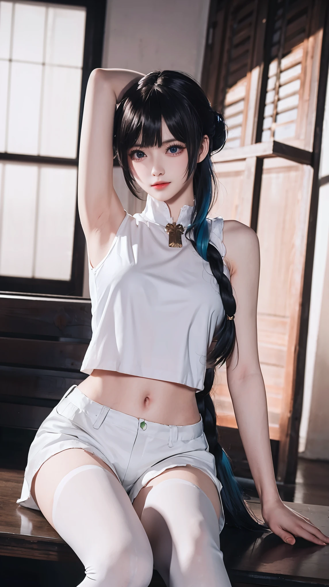 a white hair、Close-up of woman wearing white mask, beautiful figure painting, guweiz, Gurwitz style artwork, White-haired God, author:Yang Jie, Epic and beautiful character art, Stunning character art, author:FAN Qi, by Wuzhun Shifan, pixiv art station street guweiz, single ponytail, insult, high ponytail, tall figure, long legs, (sleeveless lace shirt), (shorts), (striped )), ((striped )), Walk, elegant, dignified, feminine, beautiful curves, sweet smile, Strong sense of detail and layering, colorful, Has a unique texture, rich and colorful, Color harmony, vivid, design art, 16K, super detailed, {{illustration}}, {extremely delicate and beautiful}, {Exquisite surface treatment}, super detailed, Exquisite glowing eyes, {{movie lighting}}, Extreme light effects, Model: realism, CFG size: 12, Laura: Bright texture (1.35), high quality, masterpiece, Exquisite facial features, Delicate hair depiction, Detailed depiction of eyes, masterpiece, best quality, Ray tracing, Extremely detailed CG unified 8K wallpaper, masterpiece, best quality, (1 girl), perfect female figure, (((White tight T-shirt))), beautiful eyes, (delicate face), black short hair, hair tied up, Light blue hairpins, (White skin), (best lighting), (Super intricate details), 4K unified, (super detailed CG), Showing white legs, , hot pants, shorts,best quality, High resolution, Unique image, 1 girl,armpit, Put your arms behind your head, Bangs, bare shoulders, blue footwear, blue hair, blue leggings, braid, Chest, 棕色lift your legs, shut your mouth, bench, Cover belly button, curtain, Split collar, earrings, Eyebrow suspenders visible through hair, gradient hair, green eyes, High heel, light blush, looking at the audience, messy hair, rich and colorful hair, on bench, sitting, alone, ,lift your legs,大long legs,black white hair,glowing eyes,medium bust,sex toys,vibrator,,,interesting,charming的面部表情,Aheiyan,charming,blush,Shy,Shy,blushing,surprise,panic,Shy,shame,disgust,dislike,,Areola,,Areola,urinary incontinence细节刻画,sexual pleasure细节刻画,urinary incontinence,caress,sexual pleasure,Endure pleasure,try to rest,A charming expression,Areola,exposed clitoris,exposed clitoris细节刻画,Areola detail characterization,ultra high resolution,clitoris,incontinence,nipple,Detailed depiction of nipple,forward and backward,one person