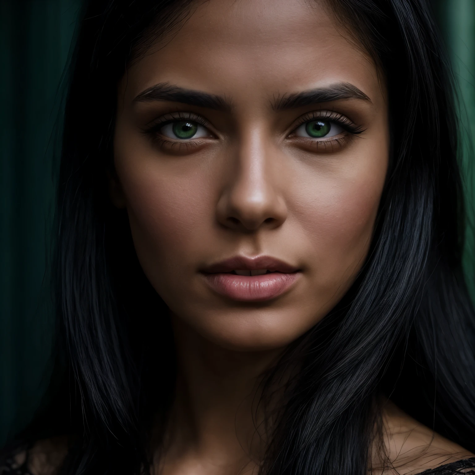 portrait, hyperdetailed photography, latin woman, 30 years old, light green eyes, long black hair, add.detail:1