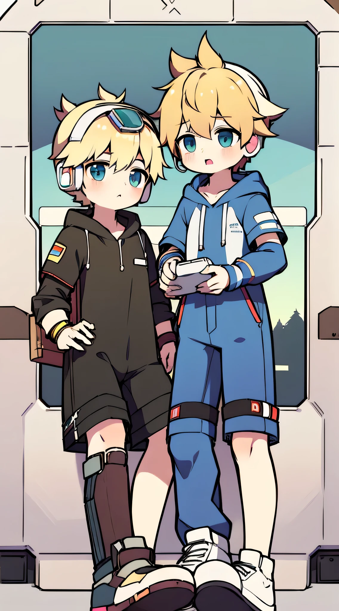 2D boy Shota，One-piece mountaineering suit，Slim, healthy body，Put the headphones on your head，Sit side by side，goggles， hands in arms，look at each other