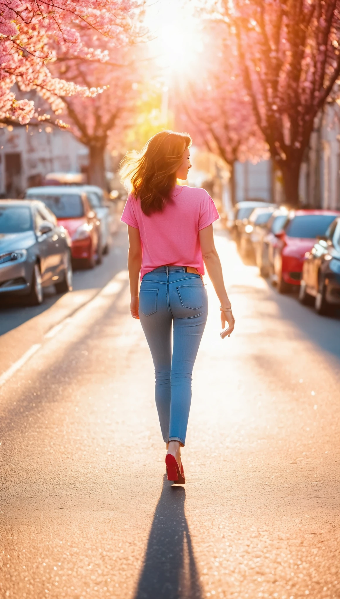 (spring morning), A vision flow of a beautiful woman walking down a street, her pink t-shirt and faded blue jeans illuminated by the sun, a red car passing in the background, and a world of shimmering light.  