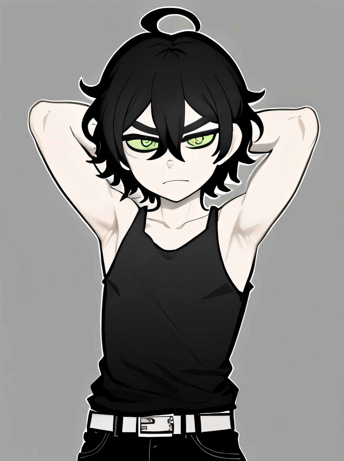 monochrome,tcoaal, Solo, looking at viewer, short hair, 1boy, Boy, hair between eyes, closed mouth, Black hair, Green eyes, Tank top, upper body, (Showinh armpit:1.3), ahoge, Belt, male focus, black background, Messy hair, bright pupils, outline, white pupils, black shirt, white outline
