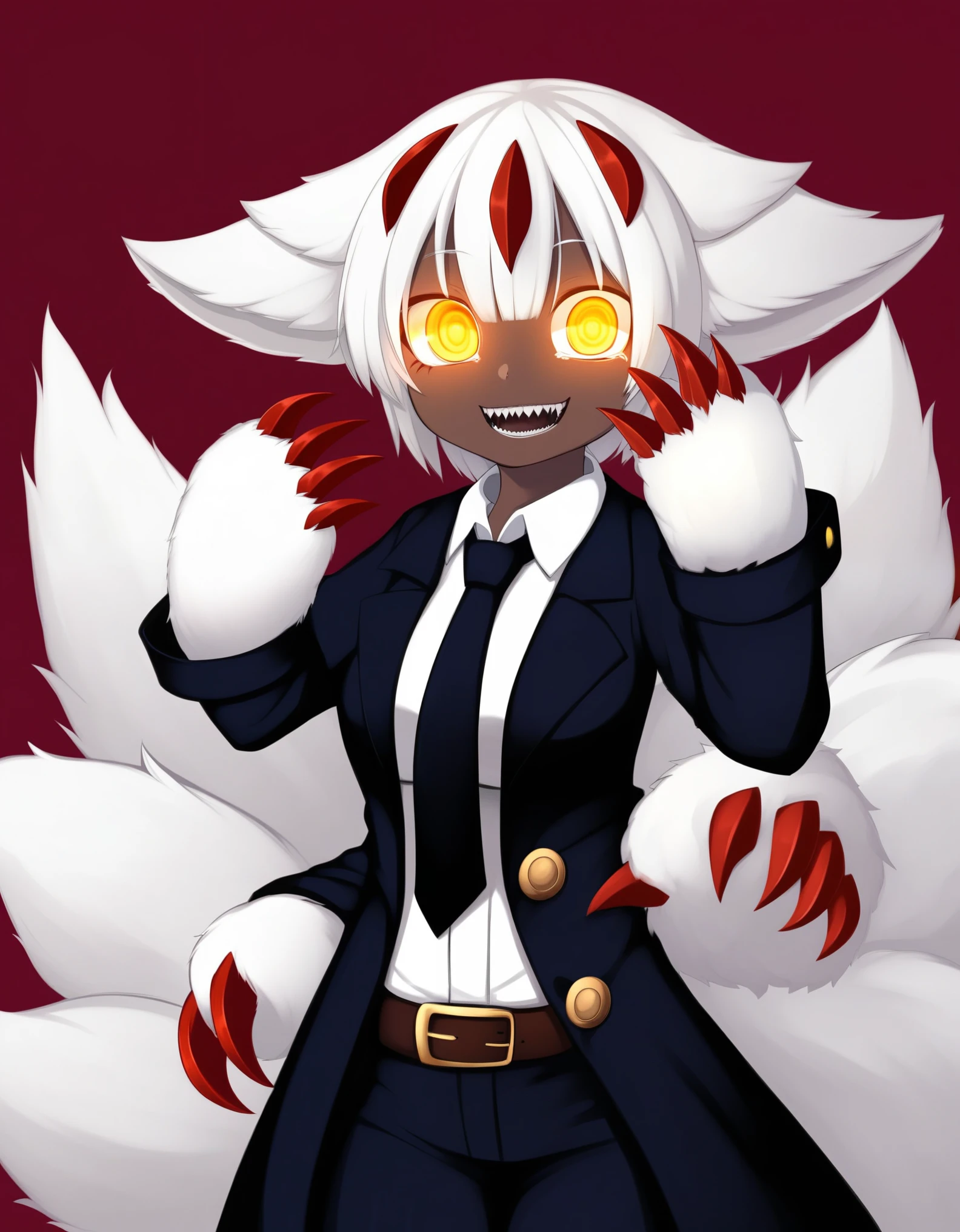 Faputa, 1girl, dark skin, dark-skinned girl, white hair, short hair, 4arms, red claws, multiple tails, yellow eyes, yawning, white fur, animal ears, smug, medium breasts, black coat, long coat, open coat, white shirt, black necktie, black pants, belt, dark background, creepy, horror \(theme\), grain, red background, smile, looking at viewer, ((ringed eyes)), glowing eyes, dark theme, low light,, 