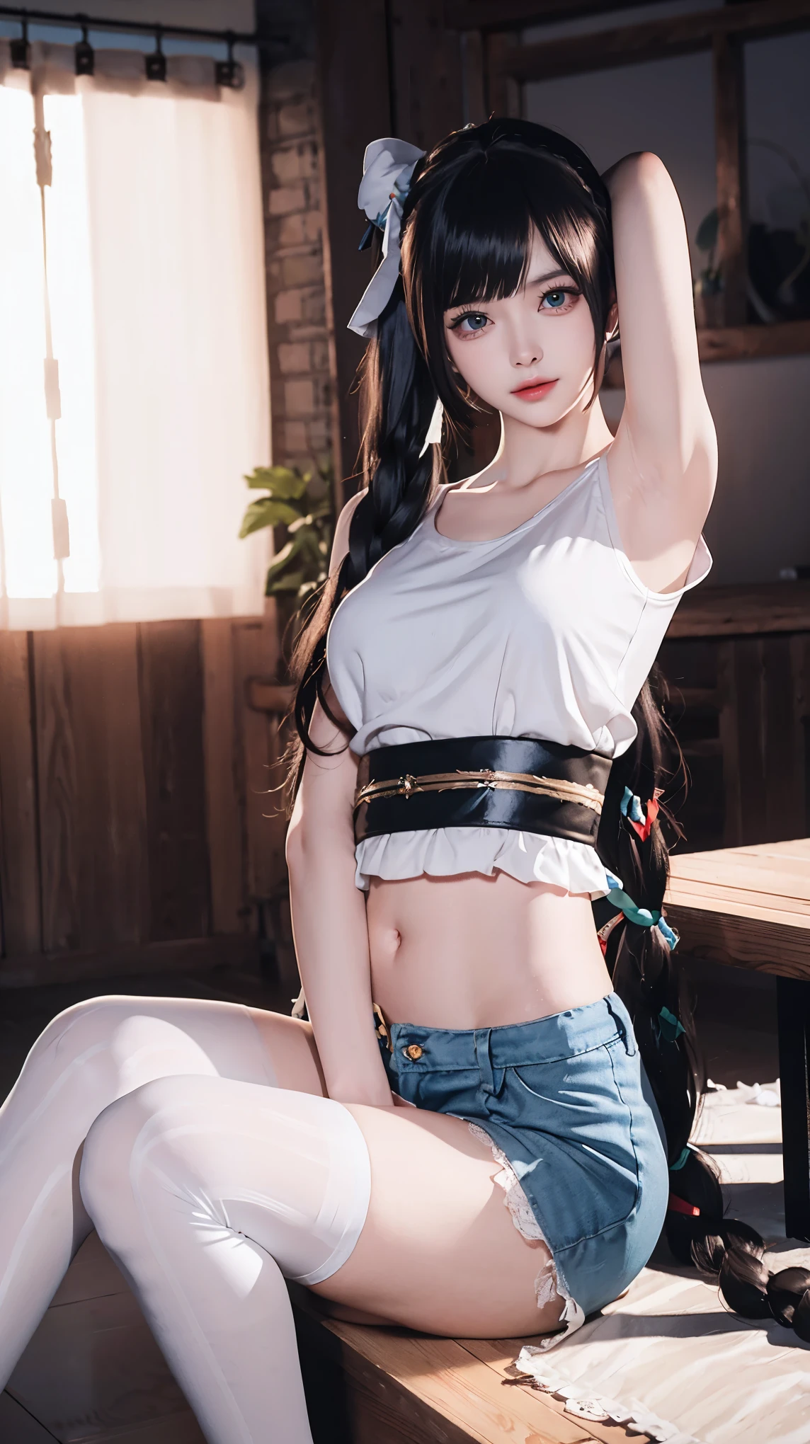 a white hair、Close-up of woman wearing white mask, beautiful figure painting, guweiz, Gurwitz style artwork, White-haired God, author:Yang Jie, Epic and beautiful character art, Stunning character art, author:FAN Qi, by Wuzhun Shifan, pixiv art station street guweiz, single ponytail, insult, high ponytail, tall figure, long legs, (sleeveless lace shirt), (shorts), (striped )), ((striped )), Walk, elegant, dignified, feminine, beautiful curves, sweet smile, Strong sense of detail and layering, colorful, Has a unique texture, rich and colorful, Color harmony, vivid, design art, 16K, super detailed, {{illustration}}, {extremely delicate and beautiful}, {Exquisite surface treatment}, super detailed, Exquisite glowing eyes, {{movie lighting}}, Extreme light effects, Model: realism, CFG size: 12, Laura: Bright texture (1.35), high quality, masterpiece, Exquisite facial features, Delicate hair depiction, Detailed depiction of eyes, masterpiece, best quality, Ray tracing, Extremely detailed CG unified 8K wallpaper, masterpiece, best quality, (1 girl), perfect female figure, (((White tight T-shirt))), beautiful eyes, (delicate face), black short hair, hair tied up, Light blue hairpins, (White skin), (best lighting), (Super intricate details), 4K unified, (super detailed CG), Showing white legs, , hot pants, shorts,best quality, High resolution, Unique image, 1 girl,armpit, Put your arms behind your head, Bangs, bare shoulders, blue footwear, blue hair, blue leggings, braid, Chest, 棕色lift your legs, shut your mouth, bench, Cover belly button, curtain, Split collar, earrings, Eyebrow suspenders visible through hair, gradient hair, green eyes, High heel, light blush, looking at the audience, messy hair, rich and colorful hair, on bench, sitting, alone, ,lift your legs,大long legs,black white hair,glowing eyes,medium bust,sex toys,vibrator,,,interesting,charming的面部表情,Aheiyan,charming,blush,Shy,Shy,blushing,surprise,panic,Shy,shame,disgust,dislike,,Areola,,Areola,urinary incontinence细节刻画,sexual pleasure细节刻画,urinary incontinence,caress,sexual pleasure,Endure pleasure,try to rest,A charming expression,Areola,exposed clitoris,exposed clitoris细节刻画,Areola detail characterization,ultra high resolution,clitoris,incontinence,nipple,Detailed depiction of nipple,forward and backward,one person
