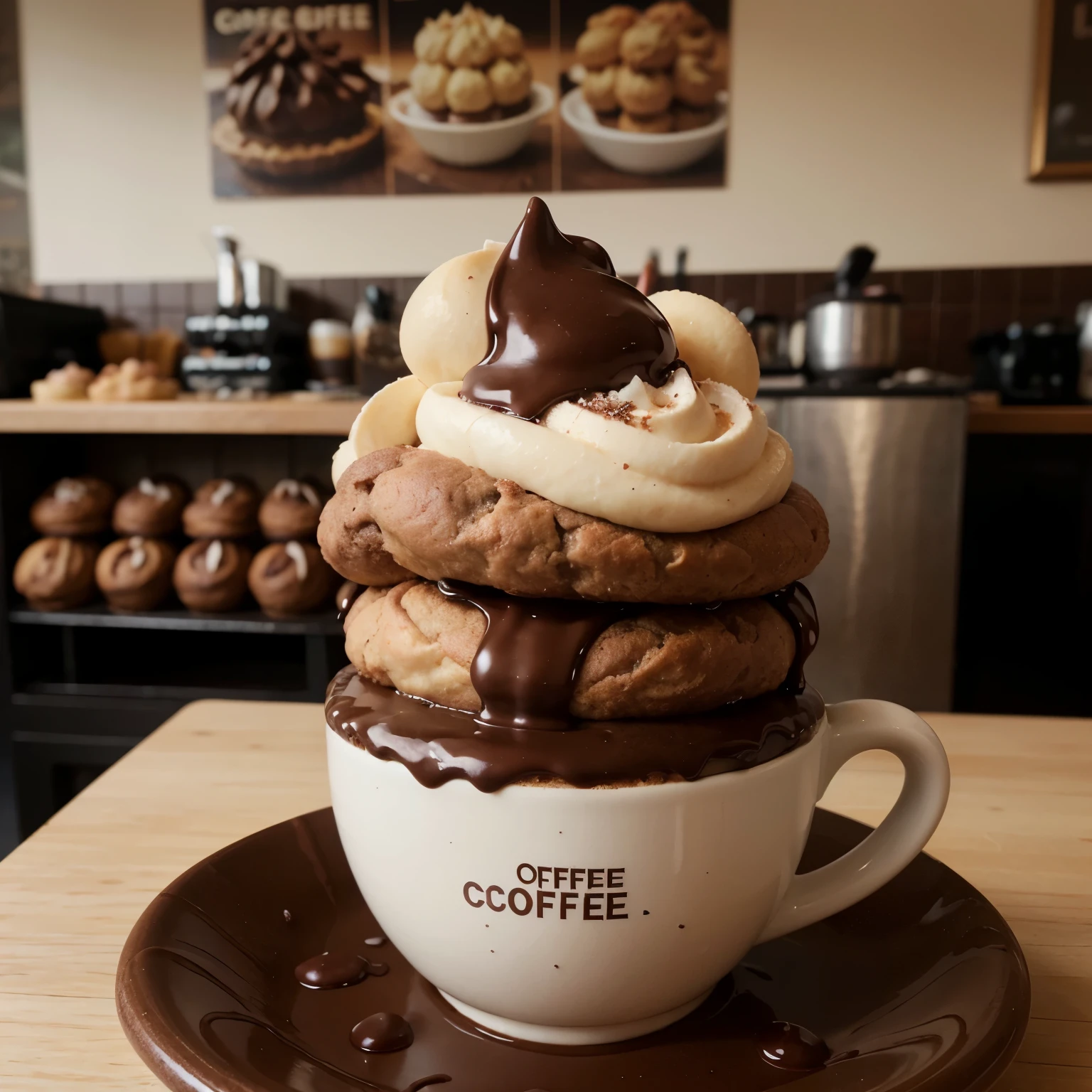 profiteroles in a coffee cup covered in chocolate and everything in the middle is a large photo, without people, front view, in a coffee shop without pictures and that there would only be three profiteroles in the cup