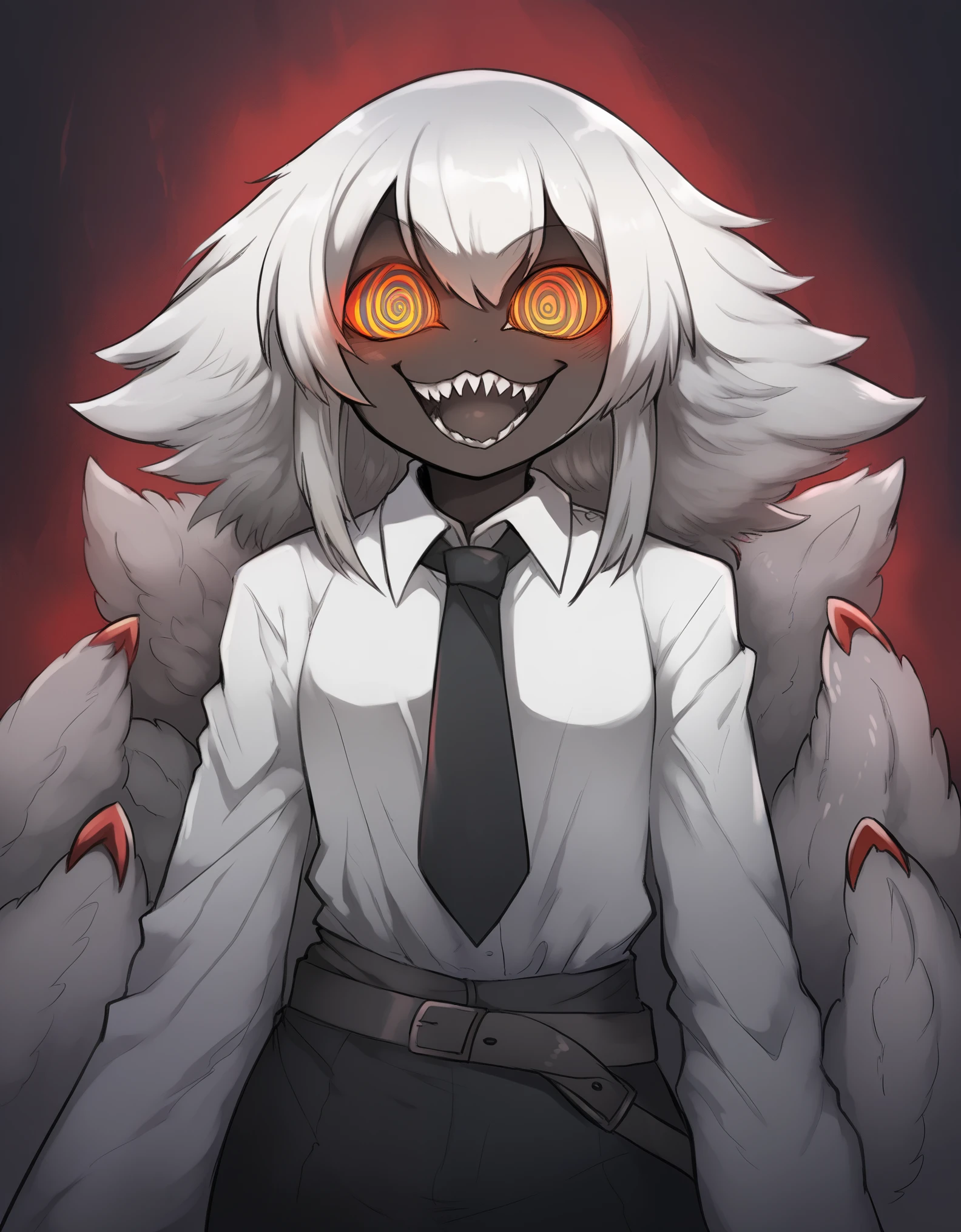 Faputa, 1girl, dark skin, dark-skinned girl, white hair, short hair, 4arms, red claws, multiple tails, yellow eyes, yawning, white fur, animal ears, smug, medium breasts, black coat, long coat, open coat, white shirt, black necktie, black pants, belt, dark background, creepy, horror \(theme\), grain, red background, smile, looking at viewer, ((ringed eyes)), glowing eyes, dark theme, low light,, 