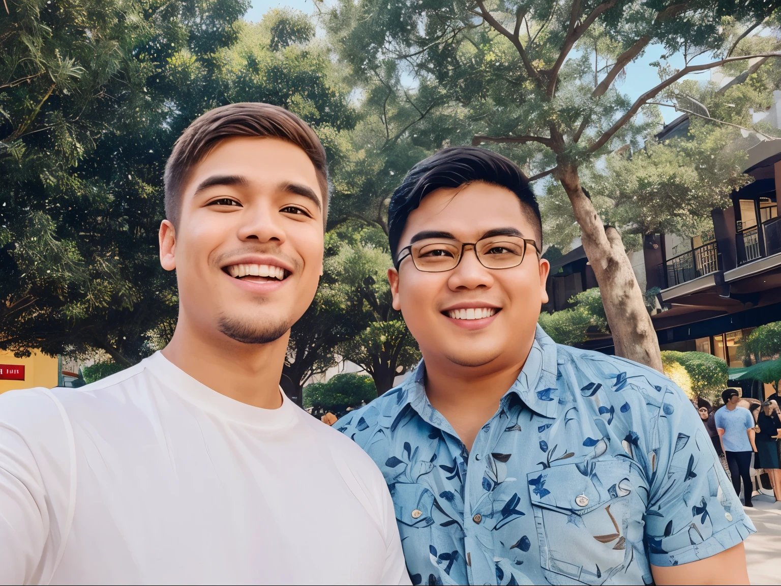 (Best quality, 8k, 32k, Masterpiece, UHD:1.2)  "Generate an image featuring a chubby Filipino man with short black hair and eyeglasses, standing next to a celebrity ladies of Mr. Beast ((Mr. Beast)). Both individuals are posing together and smiling as if taking a selfie.

Ensure that the chubby Filipino man's appearance is depicted accurately, with attention to his facial features and physique. Emphasize his friendly and jovial demeanor through his expression and body language.

The celebrity should be recognizable and exude a sense of warmth and approachability. Depict them in stylish attire suitable for a casual gathering or event.

Create a backdrop that complements the setting, such as a trendy urban environment or a bustling public space. Incorporate elements that enhance the scene's jovial atmosphere, such as colorful decorations or festive lighting.

Capture the interaction between the two individuals authentically, conveying a sense of camaraderie and shared enjoyment."